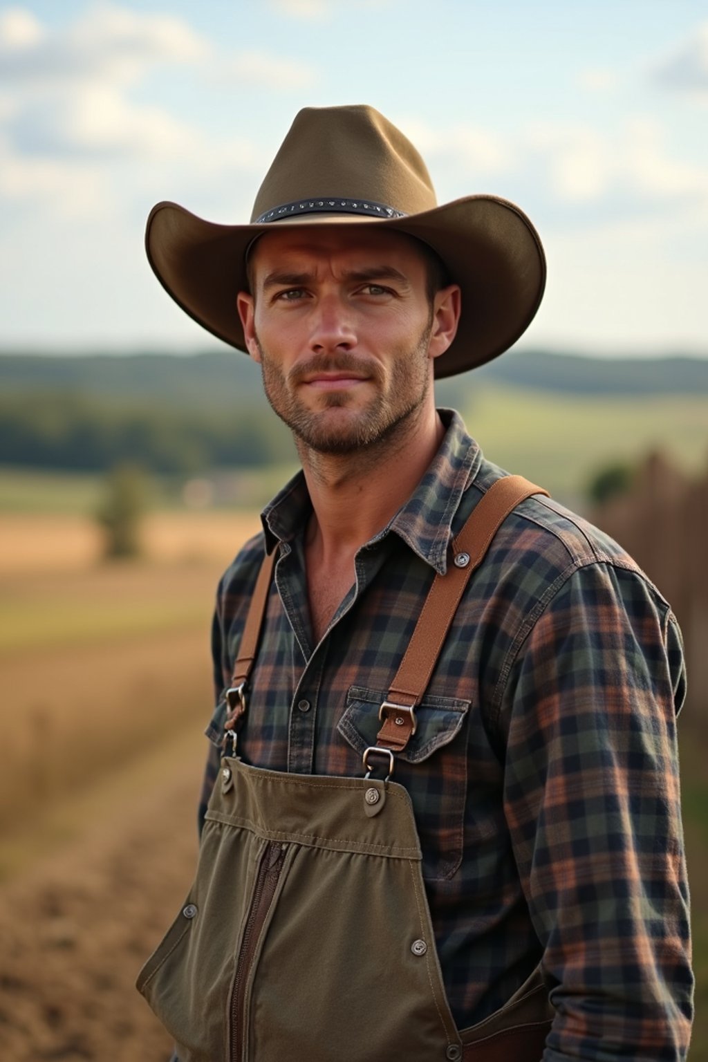 man farmer with farm in background