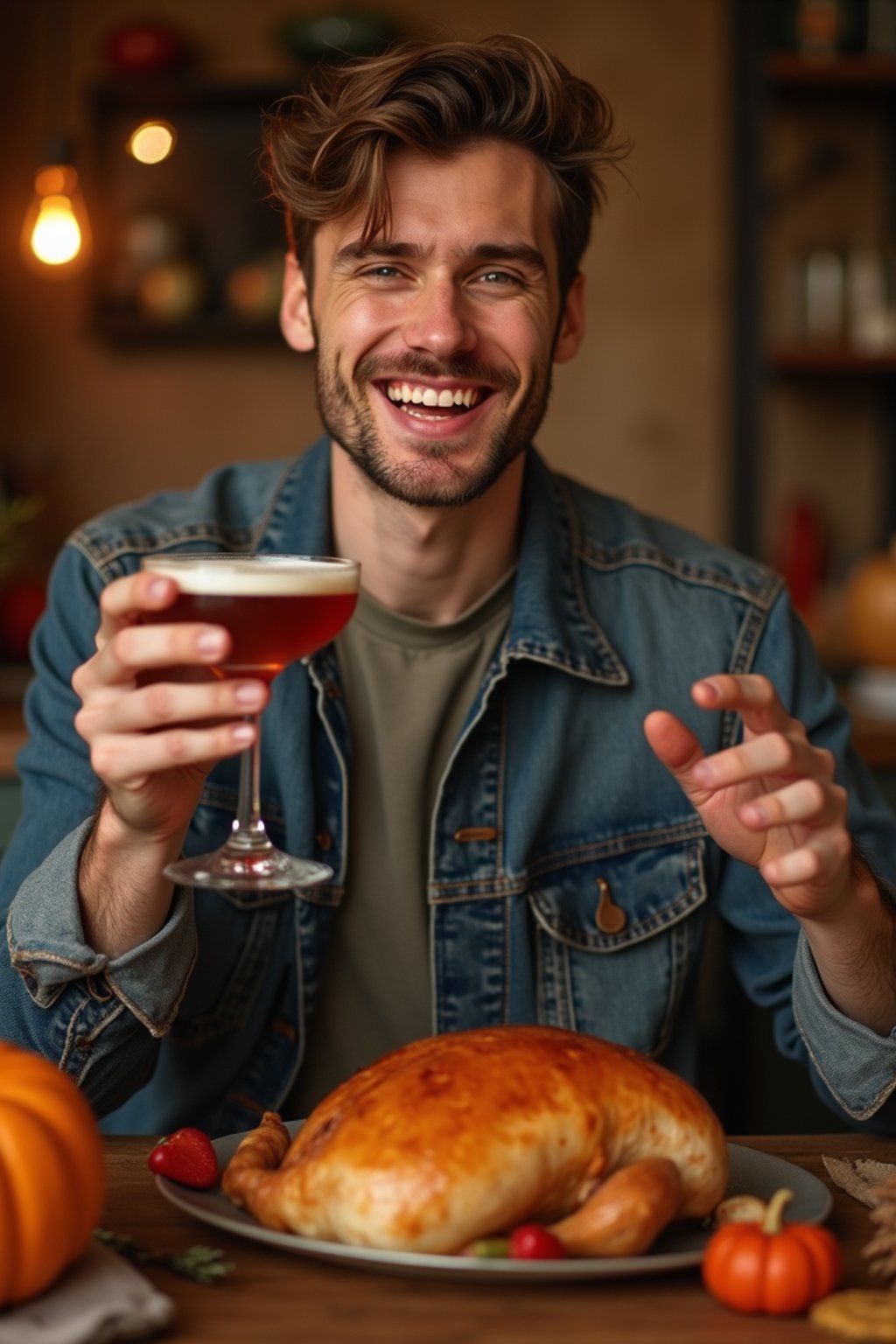 man celebrating Thanksgiving with cocktail and turkey meat in background