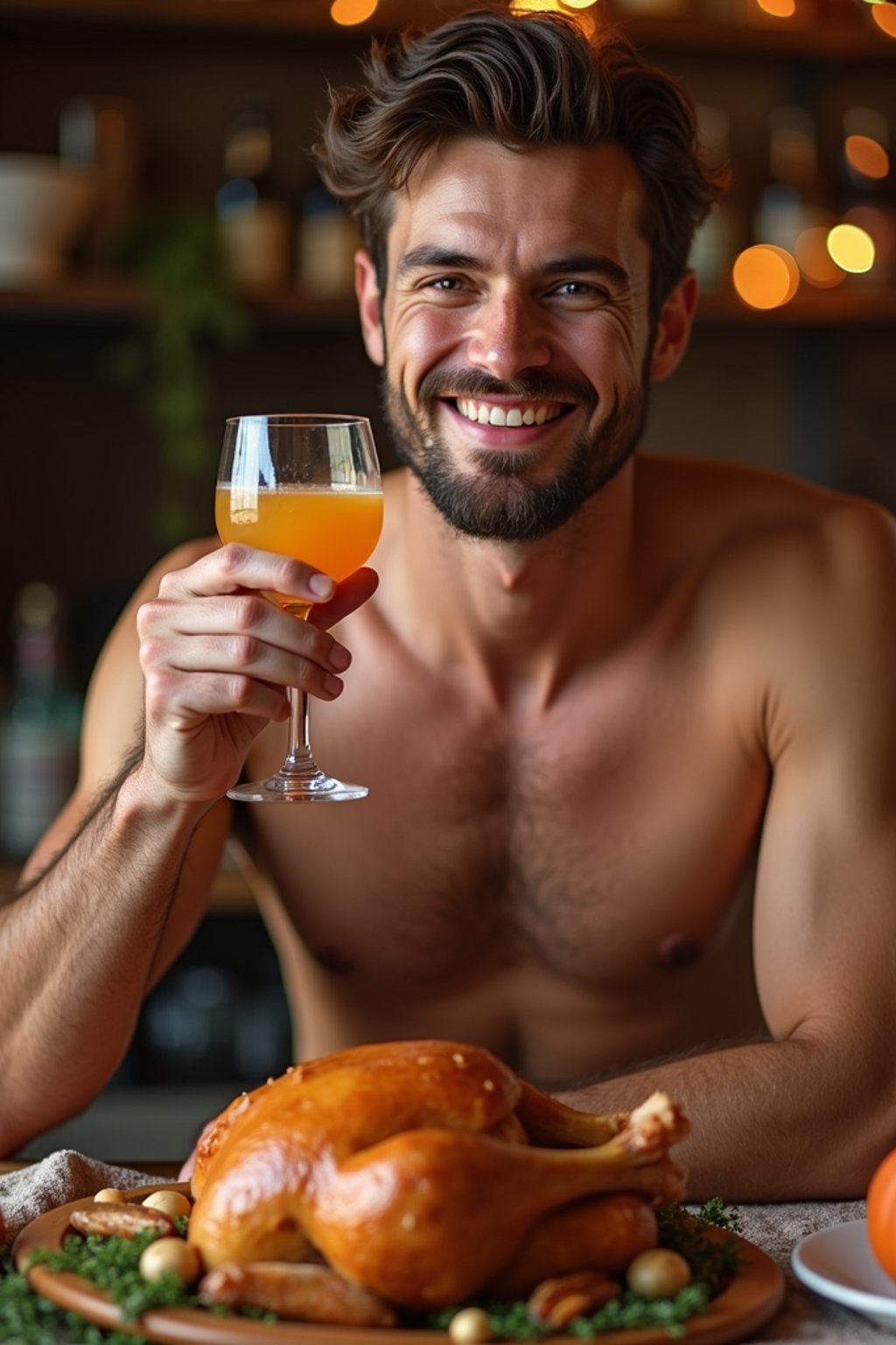 man celebrating Thanksgiving with cocktail and turkey meat in background