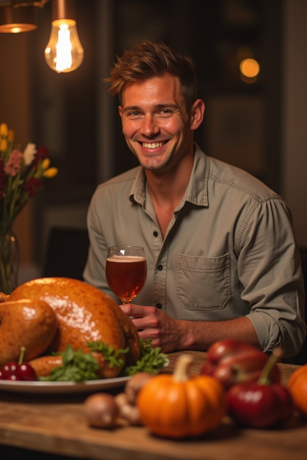 man celebrating Thanksgiving with cocktail and turkey meat in background