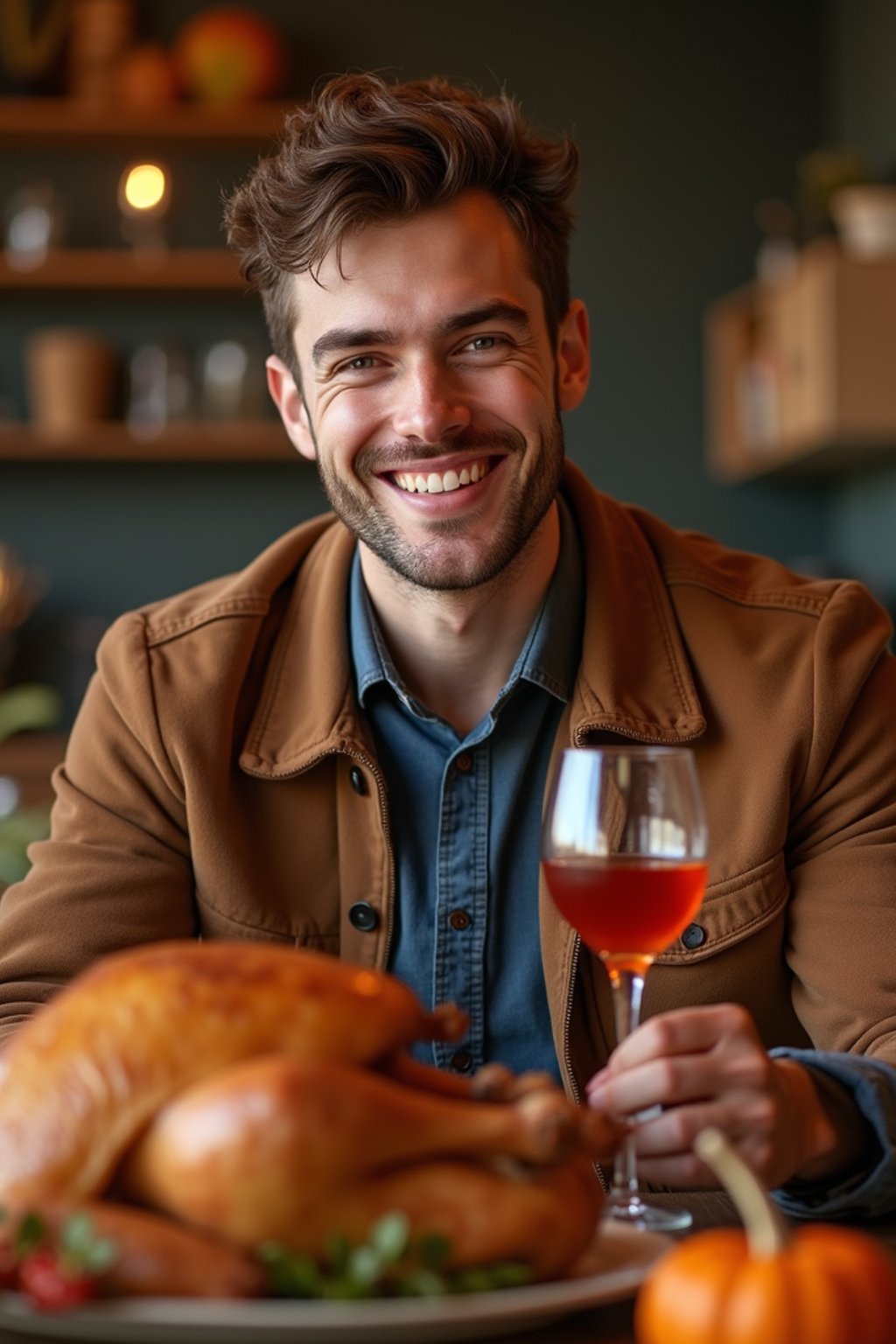 man celebrating Thanksgiving with cocktail and turkey meat in background