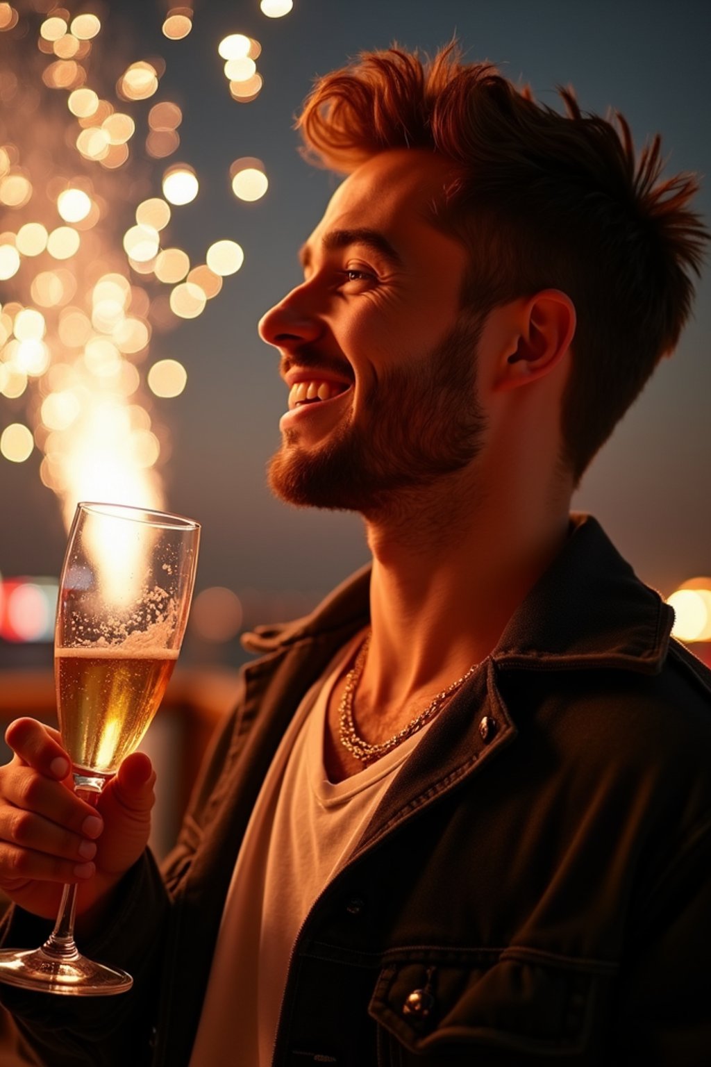 man celebrating New Year's Eve with champagne and Fireworks in background