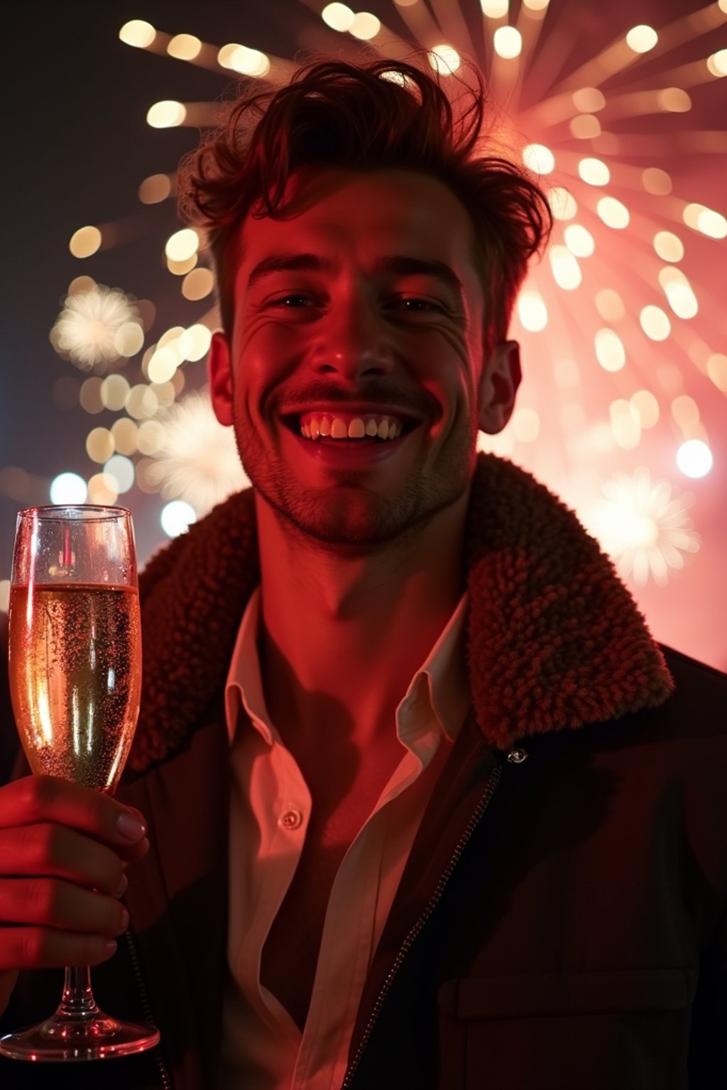 man celebrating New Year's Eve with champagne and Fireworks in background