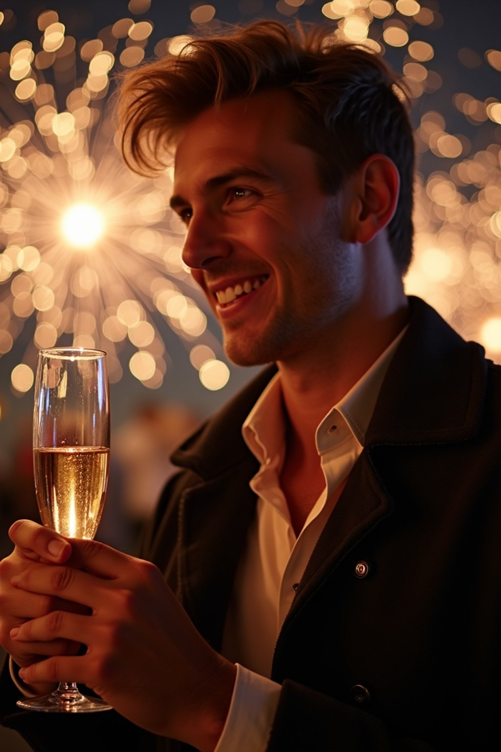 man celebrating New Year's Eve with champagne and Fireworks in background