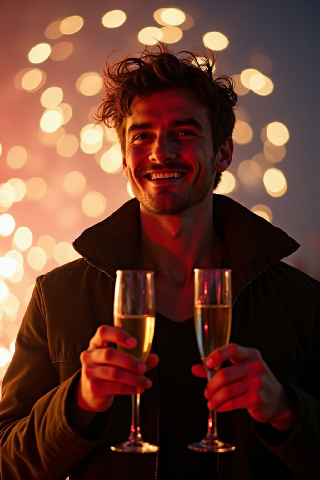 man celebrating New Year's Eve with champagne and Fireworks in background