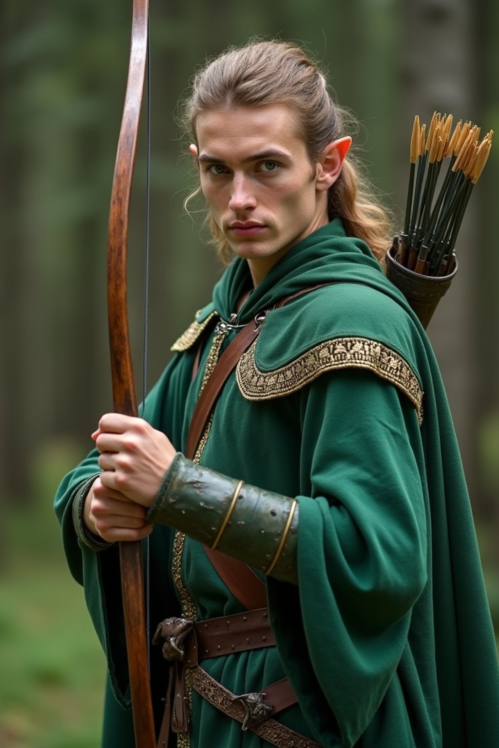 man as a Medieval Elf Archer Warrior in Green Robe