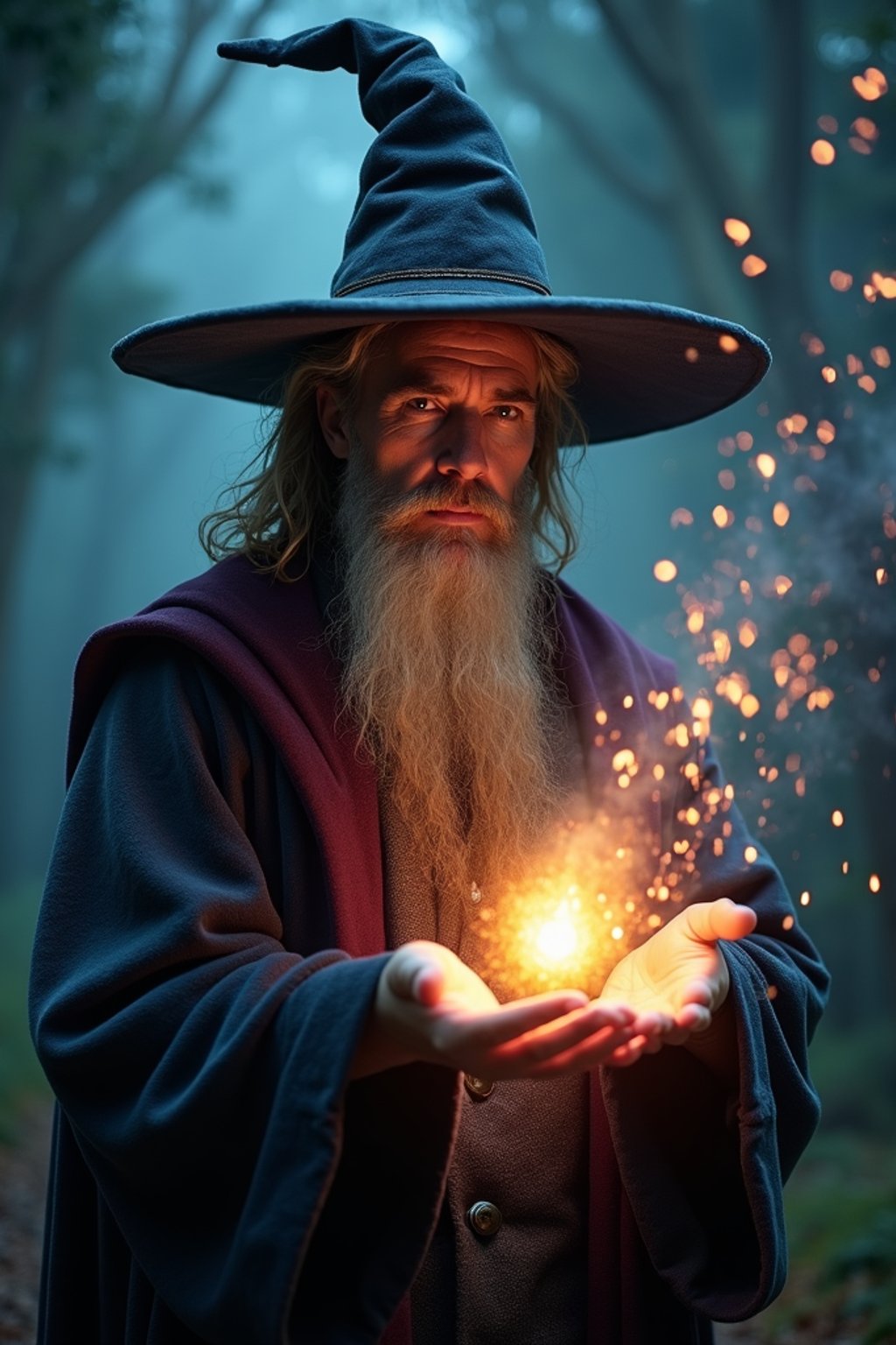 man as a Wizard with a Wizard robe and big hat, crystal magic, dramatic light