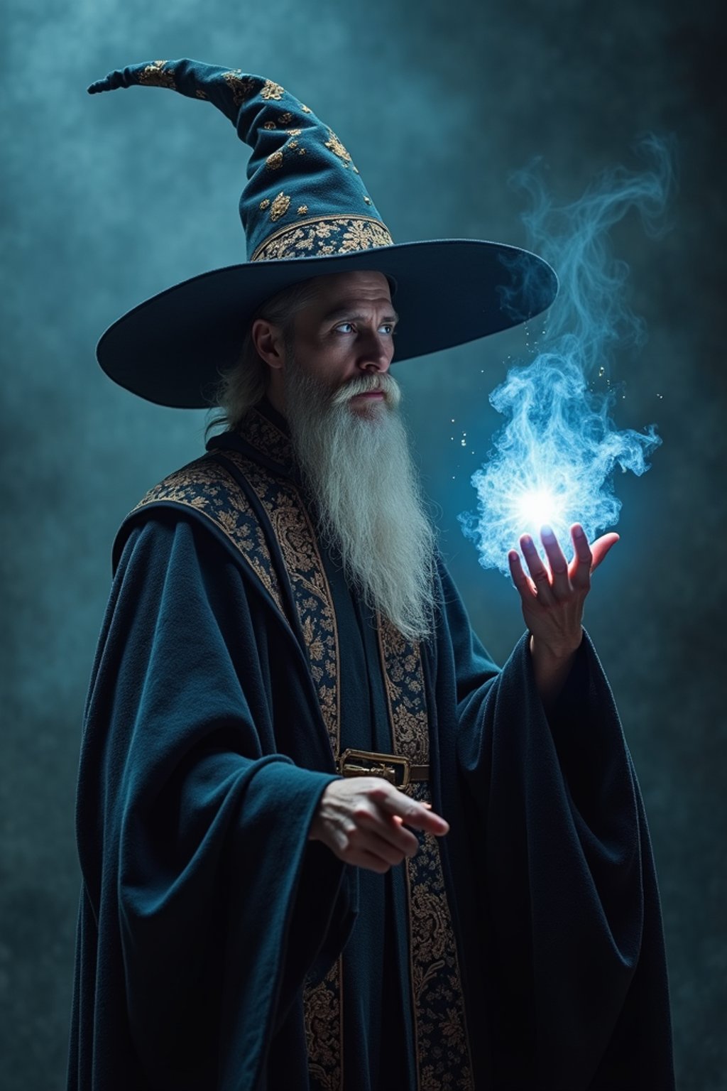 man as a Wizard with a Wizard robe and big hat, crystal magic, dramatic light