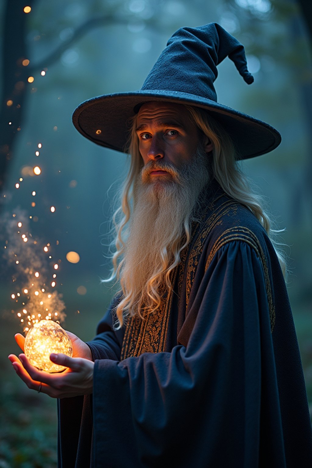 man as a Wizard with a Wizard robe and big hat, crystal magic, dramatic light