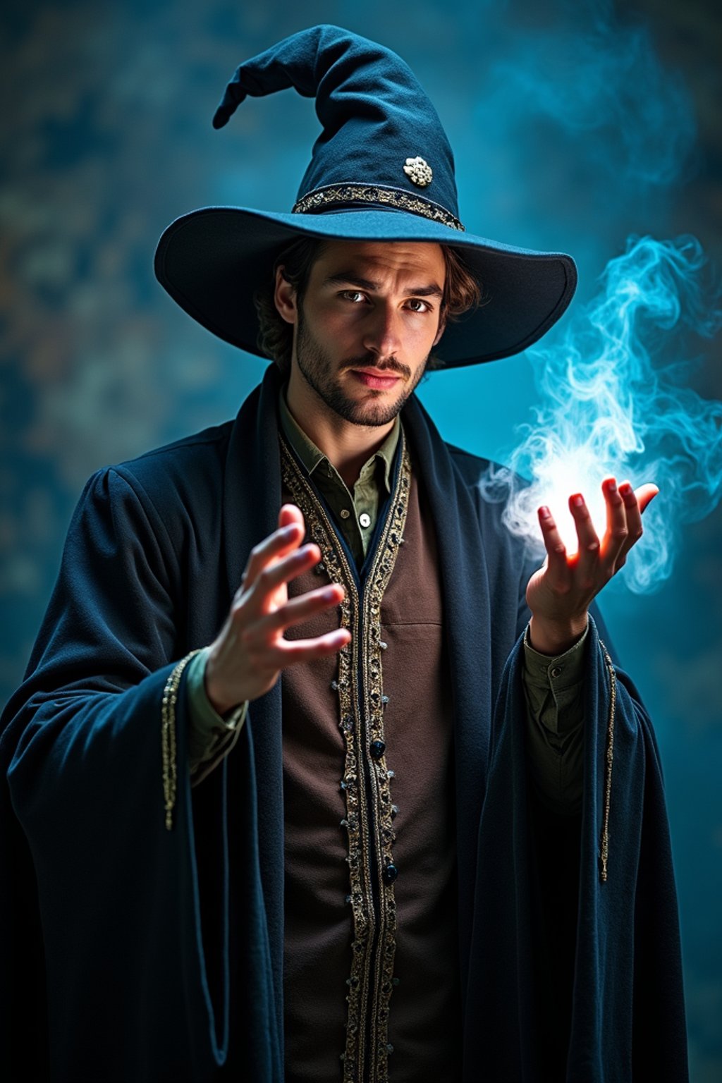 man as a Wizard with a Wizard robe and big hat, crystal magic, dramatic light