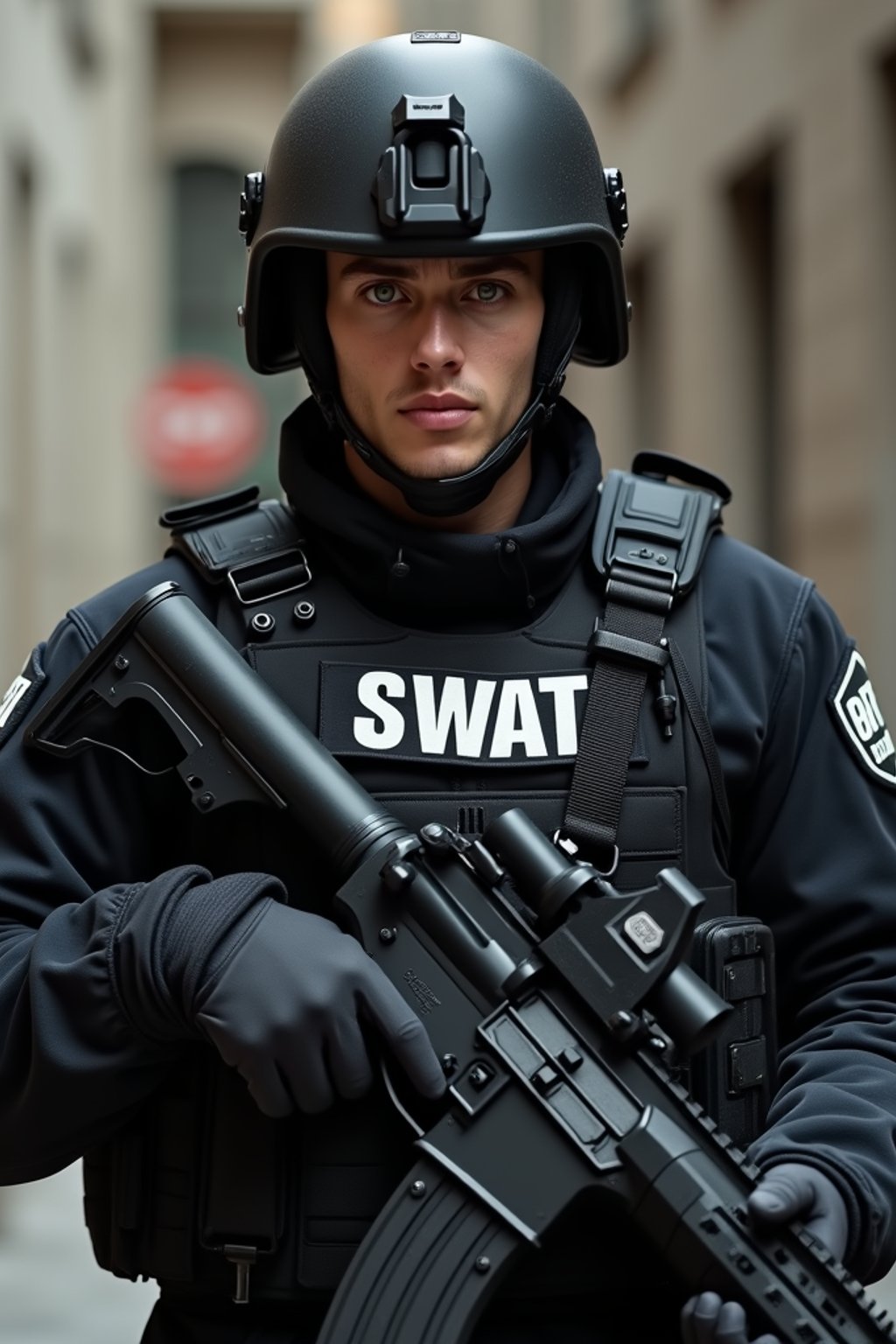 man as a SWAT Officer. wearing black swat vest, swat helmet, holding pdw