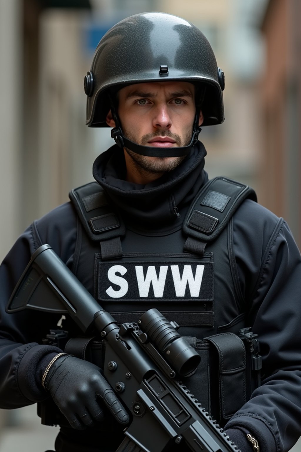 man as a SWAT Officer. wearing black swat vest, swat helmet, holding pdw