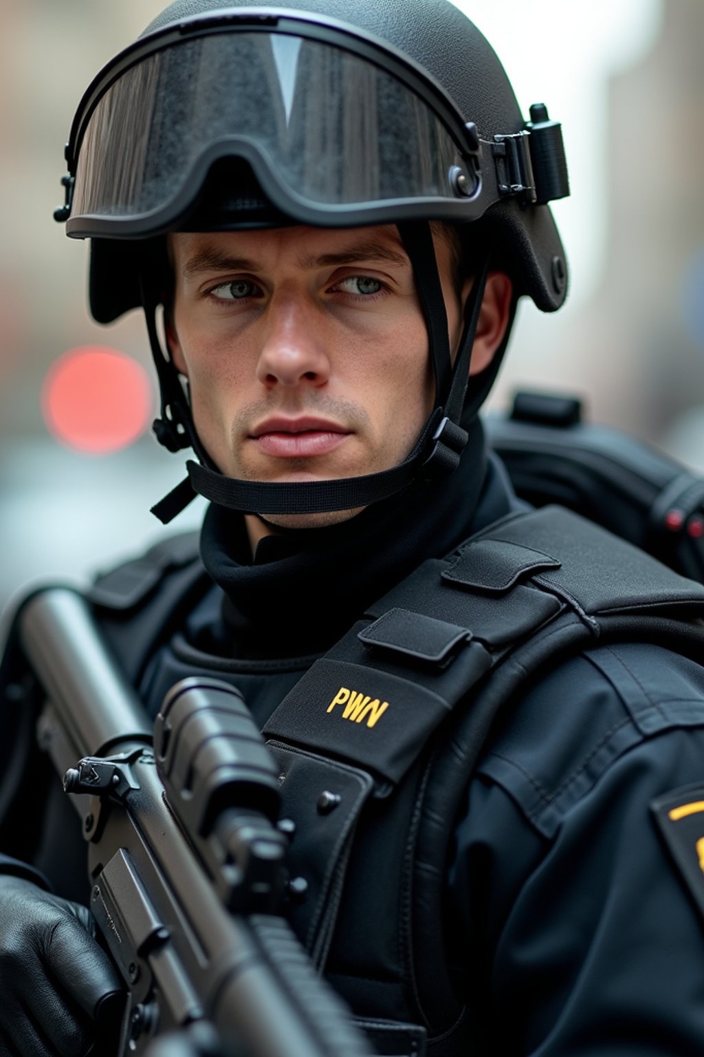 man as a SWAT Officer. wearing black swat vest, swat helmet, holding pdw