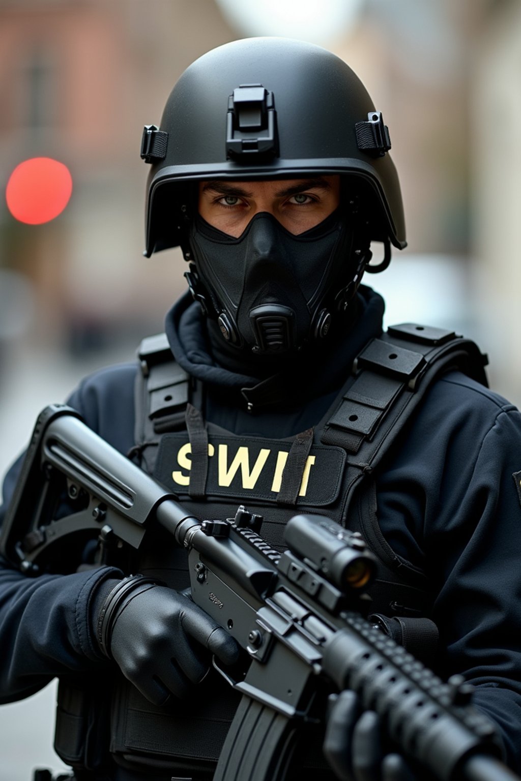 man as a SWAT Officer. wearing black swat vest, swat helmet, holding pdw