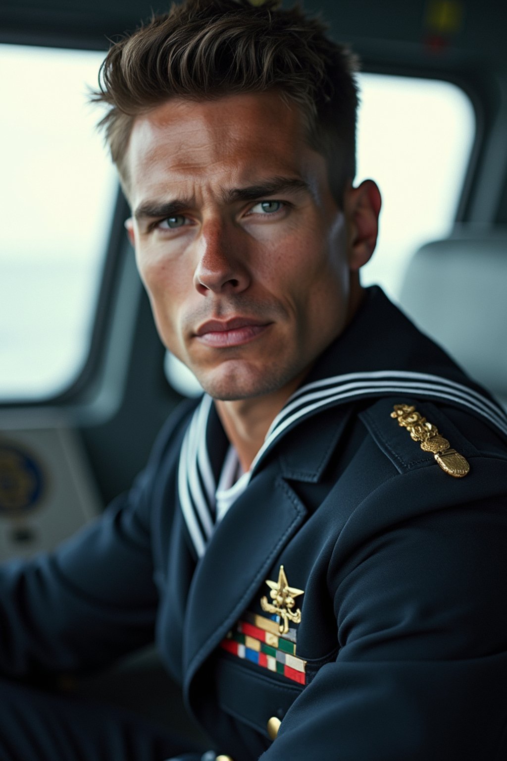 man as a Navy Officer on a ship. highly detailed