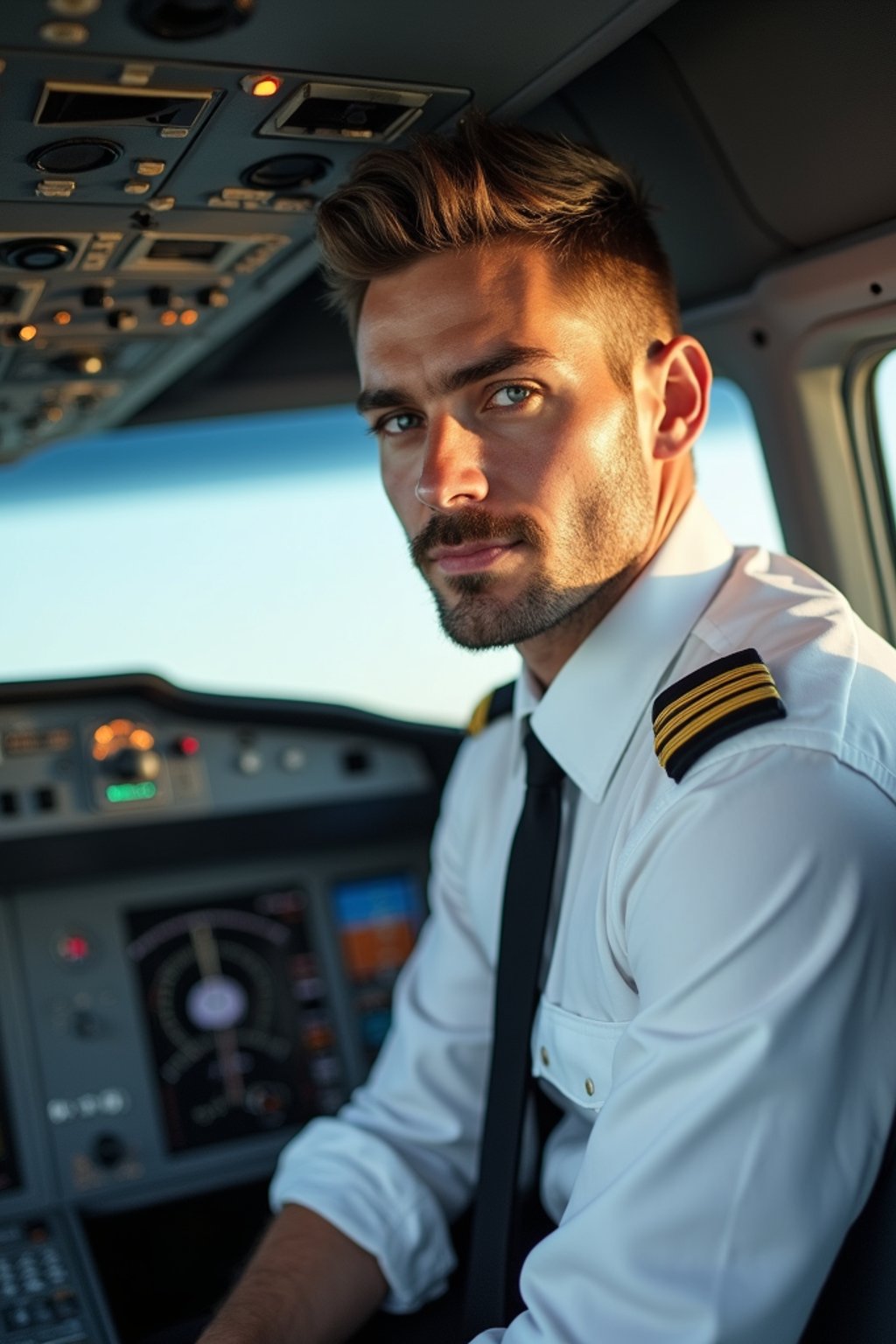 man as a Airline Pilot inside the Cockpit with white shirt Pilot Uniform