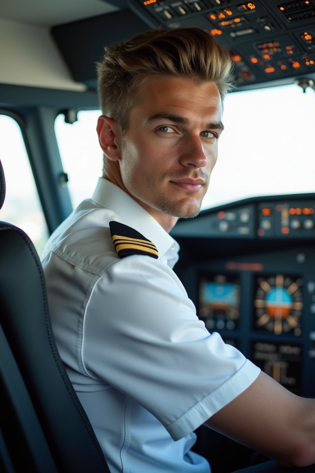 man as a Airline Pilot inside the Cockpit with white shirt Pilot Uniform