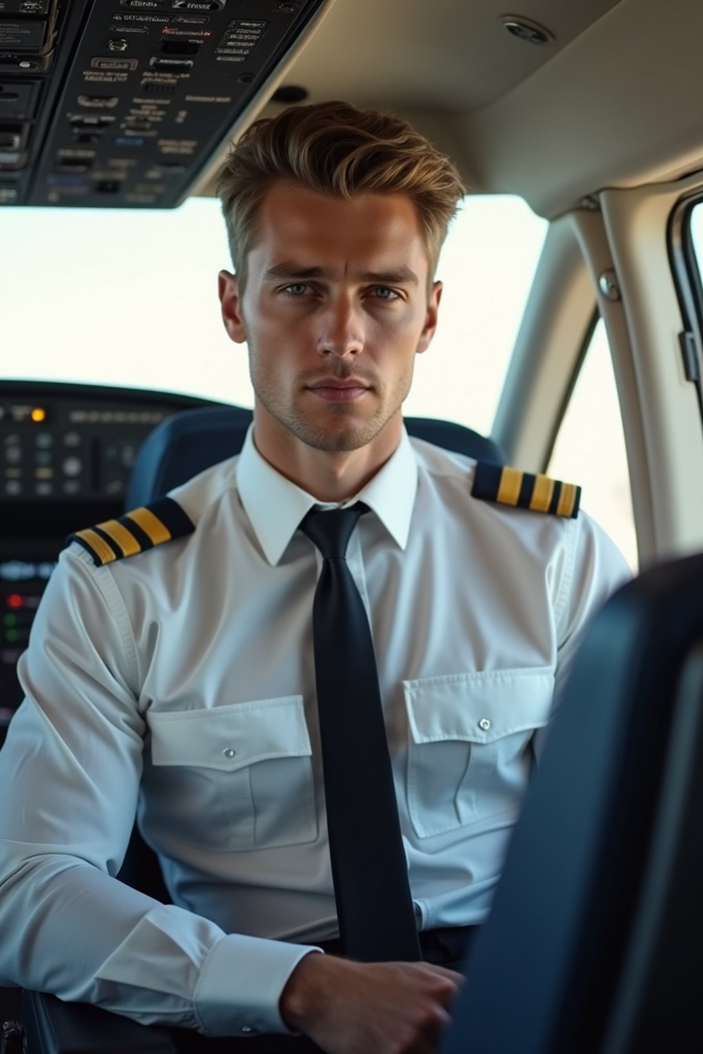 man as a Airline Pilot inside the Cockpit with white shirt Pilot Uniform