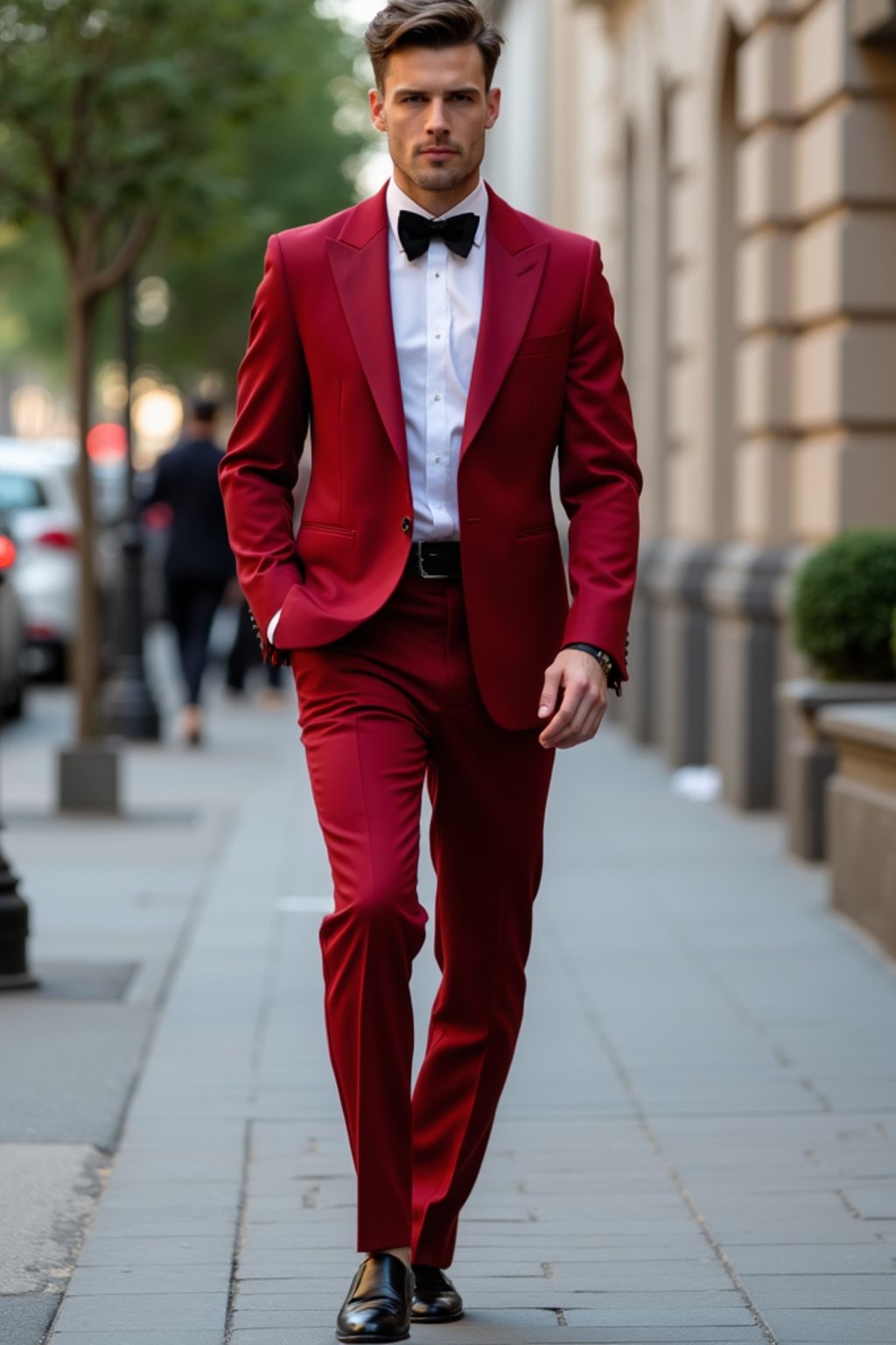 man in red tuxedo  showing cleavage walking on the curb in black shoes