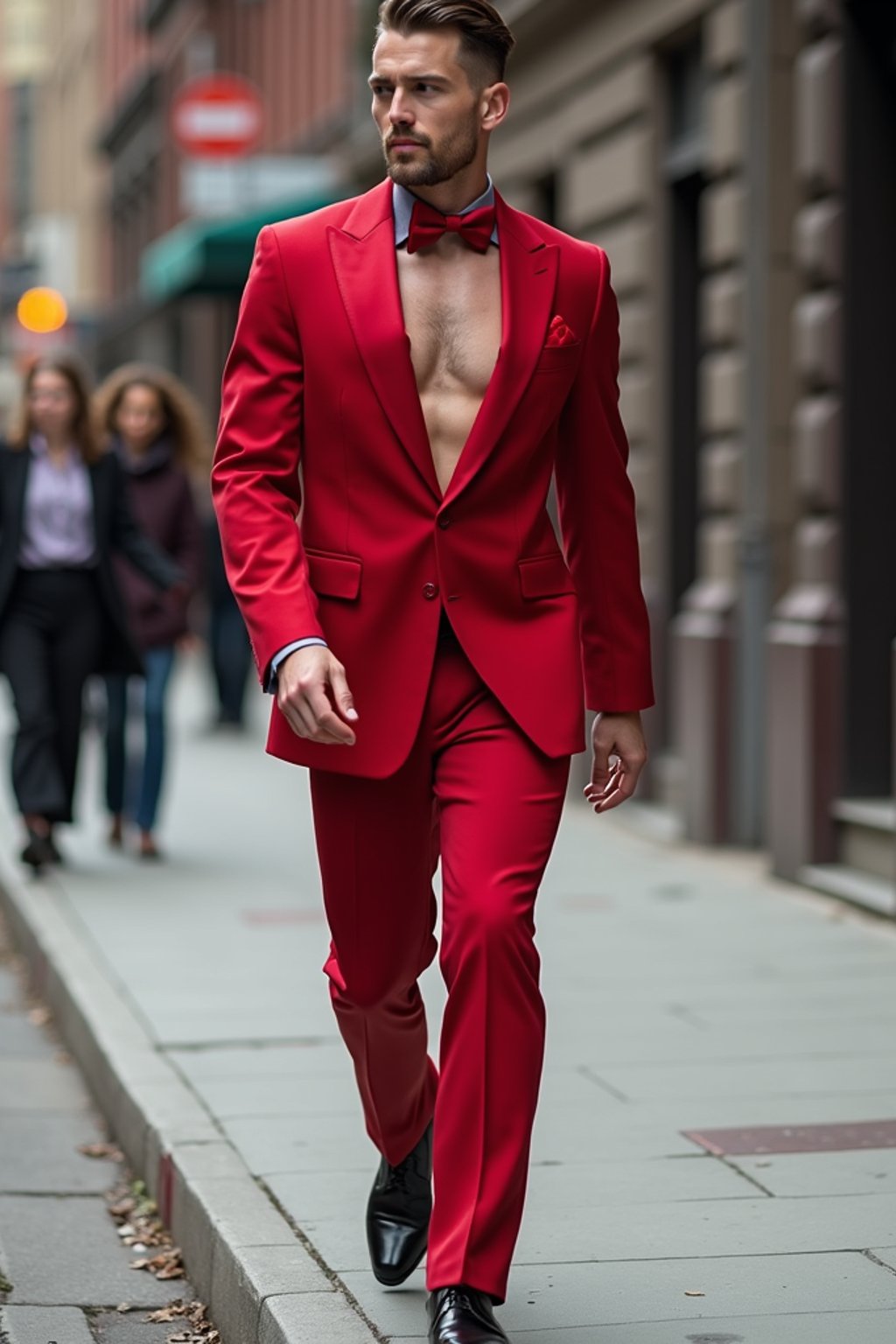 man in red tuxedo  showing cleavage walking on the curb in black shoes