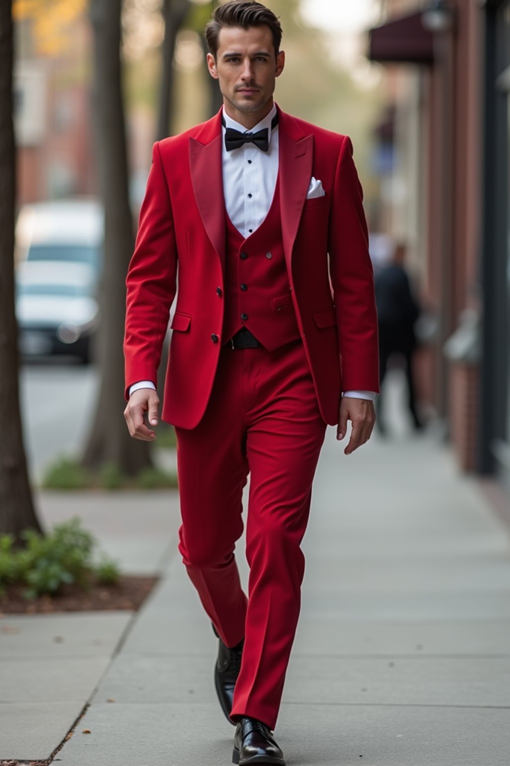 man in red tuxedo  showing cleavage walking on the curb in black shoes