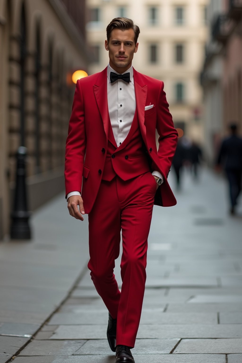 man in red tuxedo  showing cleavage walking on the curb in black shoes