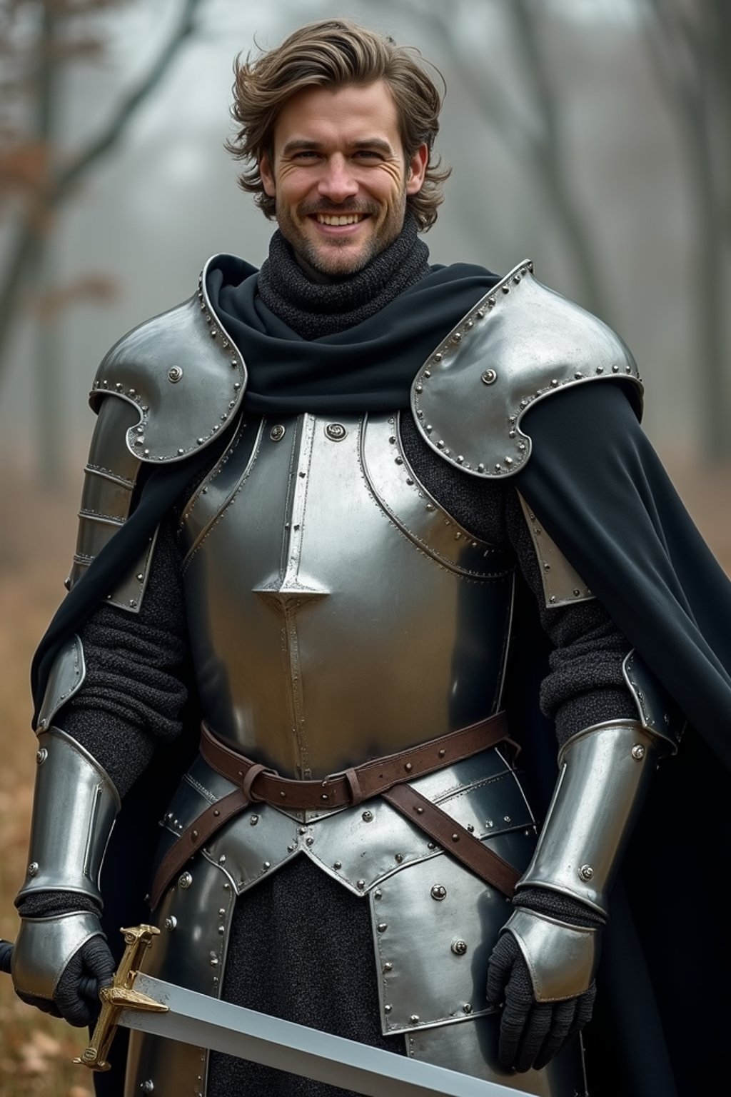 happy man as a Medieval Knight in silver armor, wearing a black elegant cape flowing in the wind, the knight holds a sword in one hand