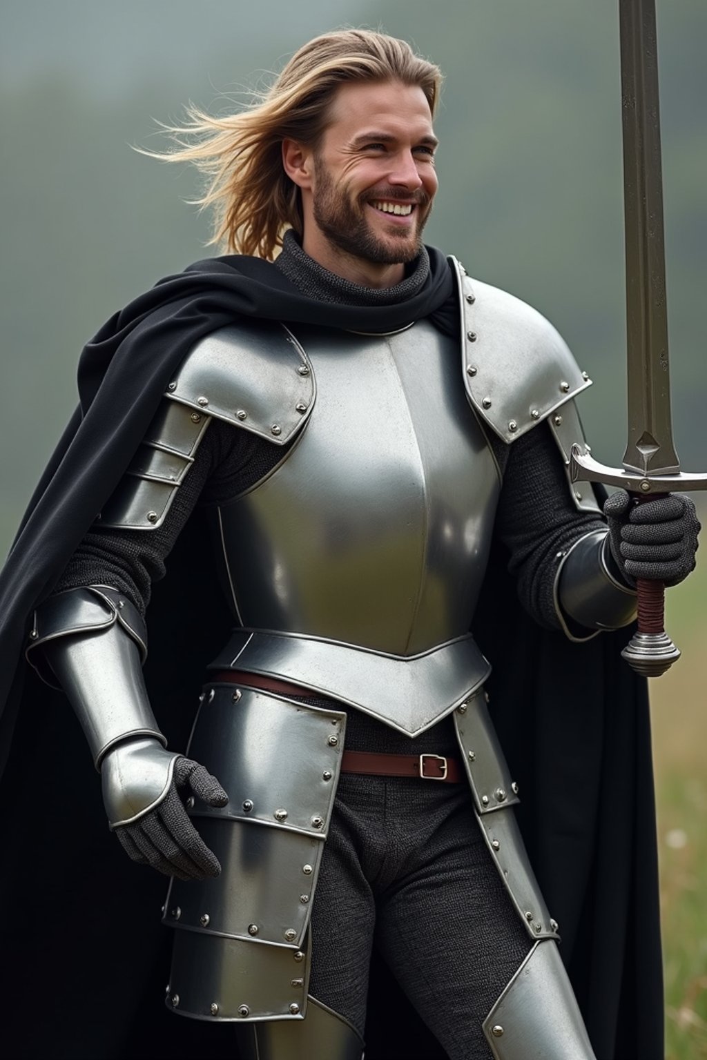 happy man as a Medieval Knight in silver armor, wearing a black elegant cape flowing in the wind, the knight holds a sword in one hand