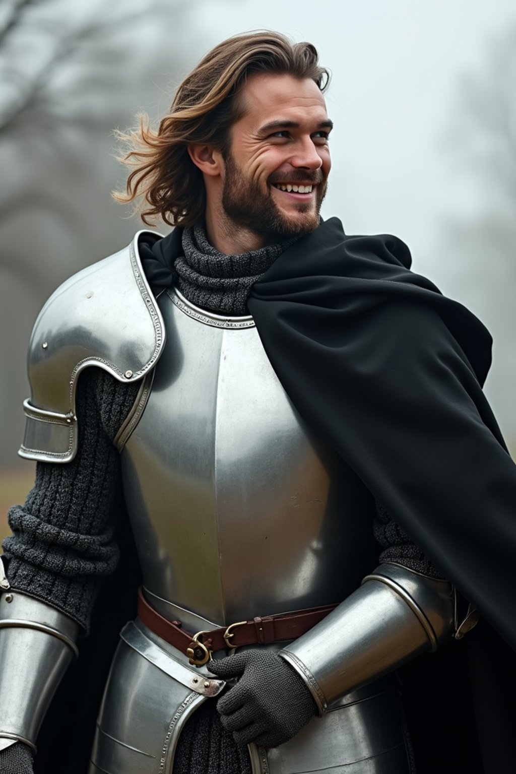 happy man as a Medieval Knight in silver armor, wearing a black elegant cape flowing in the wind, the knight holds a sword in one hand