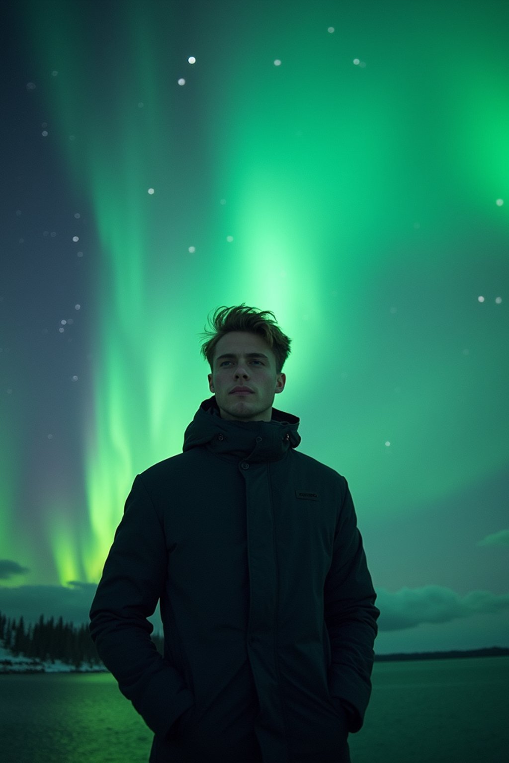 man at night at the Northern Lights Aurora Borealis