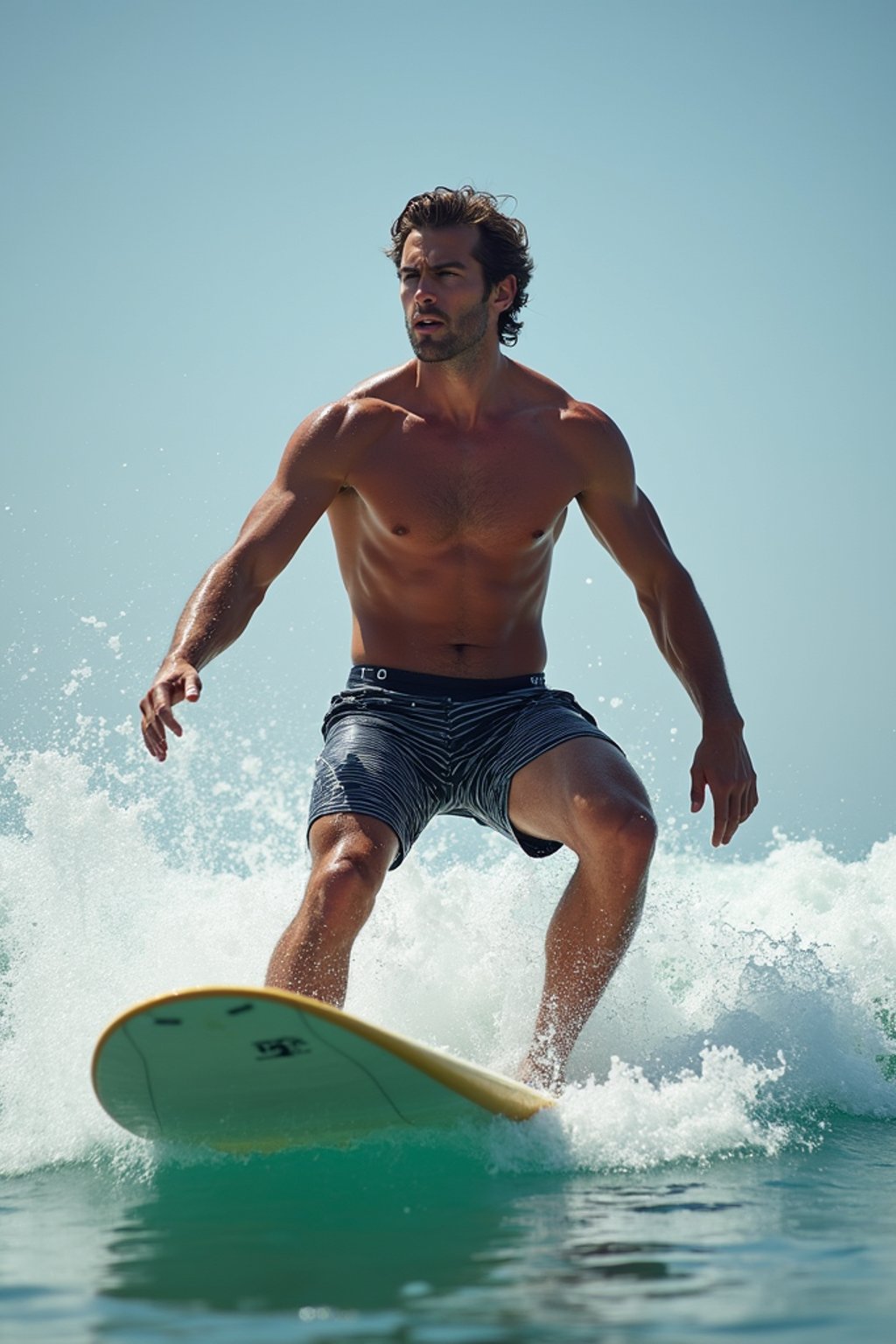 man as a Professional Surfer wearing swimwear on a Surf Board surfing in the ocean