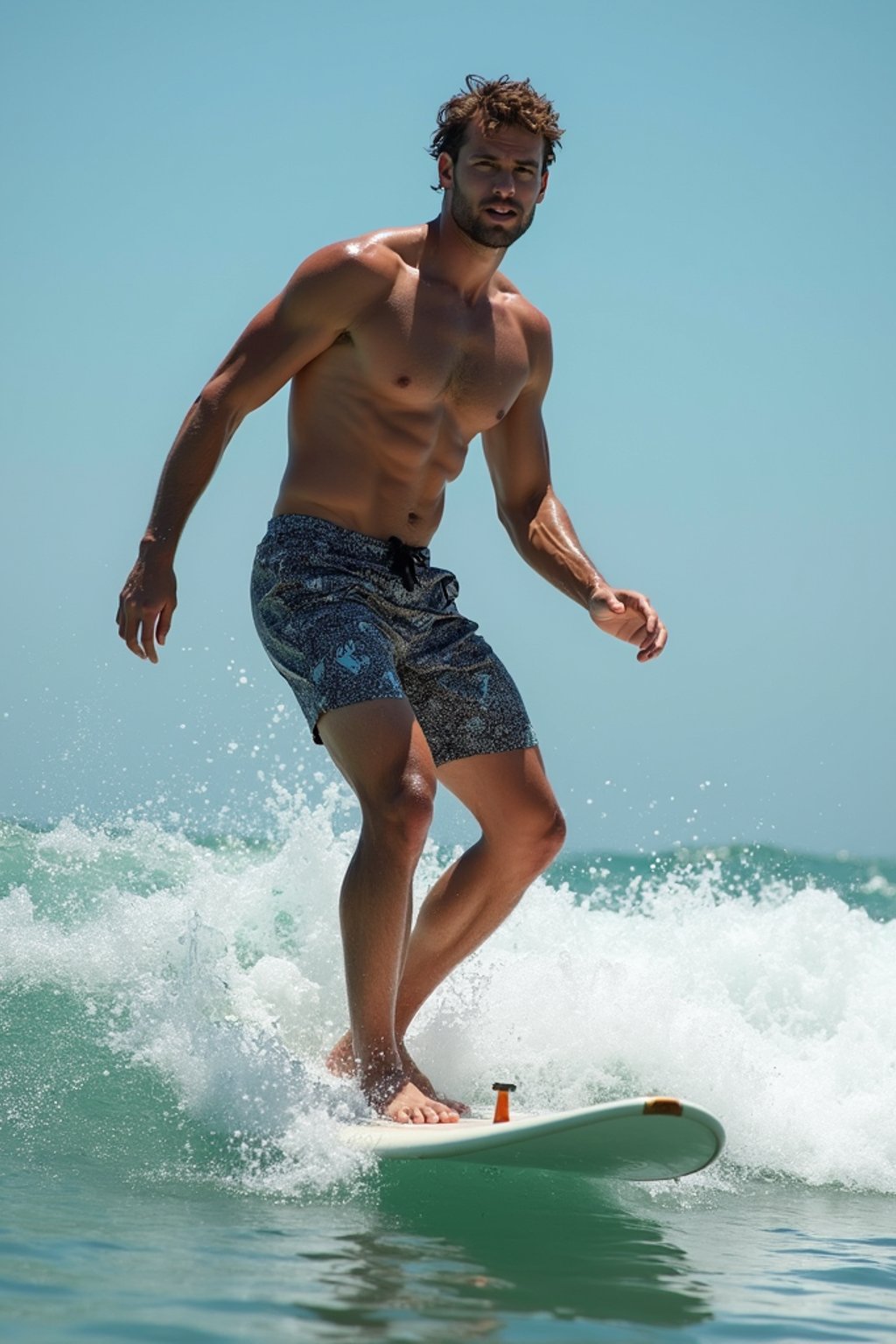 man as a Professional Surfer wearing swimwear on a Surf Board surfing in the ocean