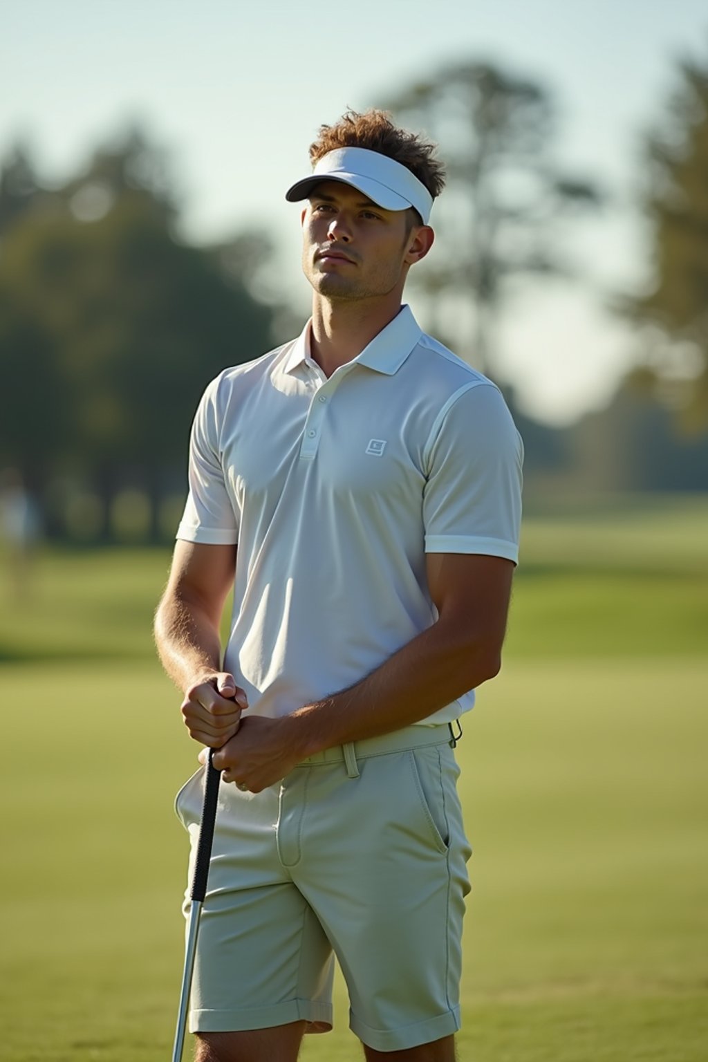 man as a Golfer on the Golf Course holding Golf Club wearing golf shorts or golf skirt, a collared shirt, golf pants