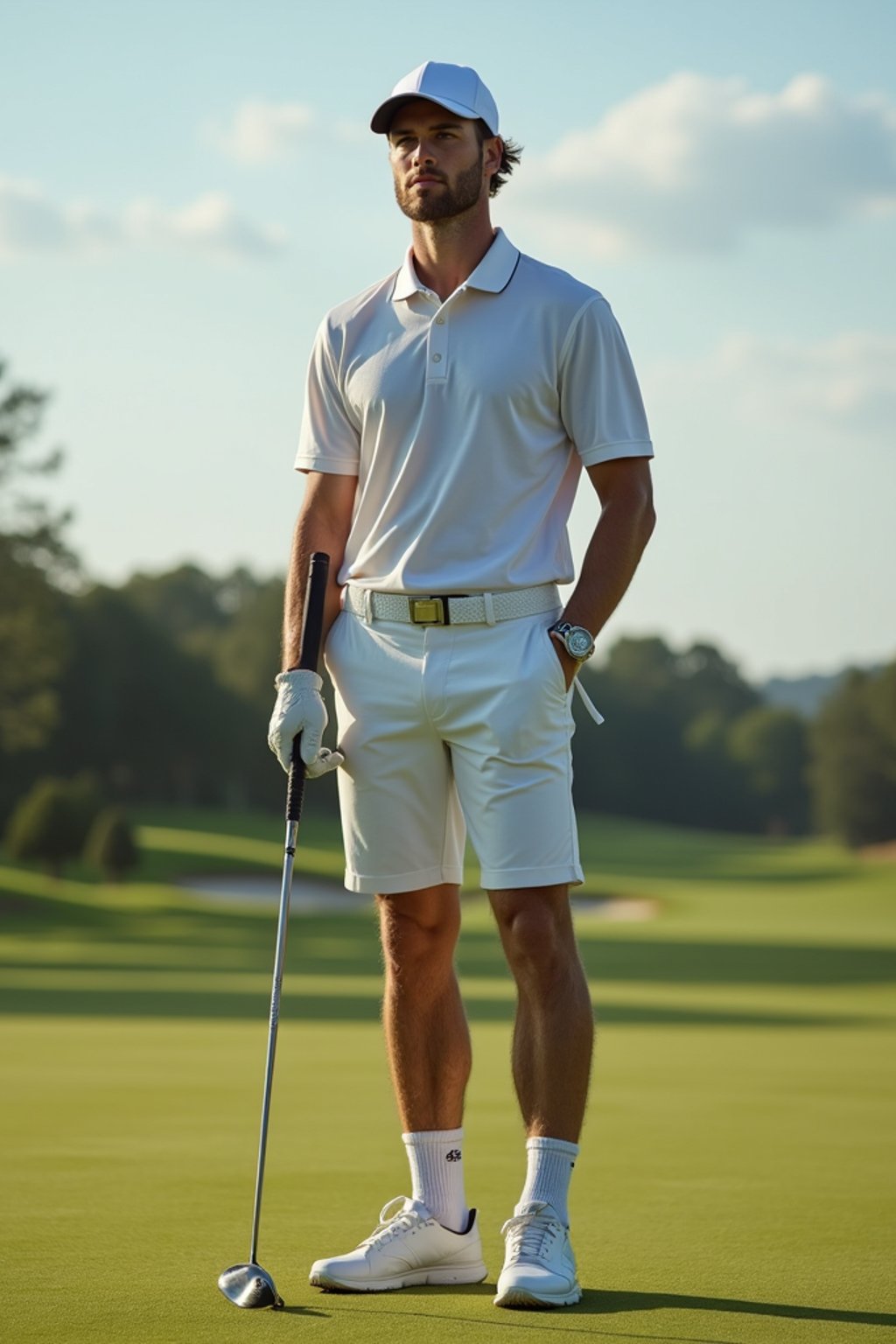 man as a Golfer on the Golf Course holding Golf Club wearing golf shorts or golf skirt, a collared shirt, golf pants