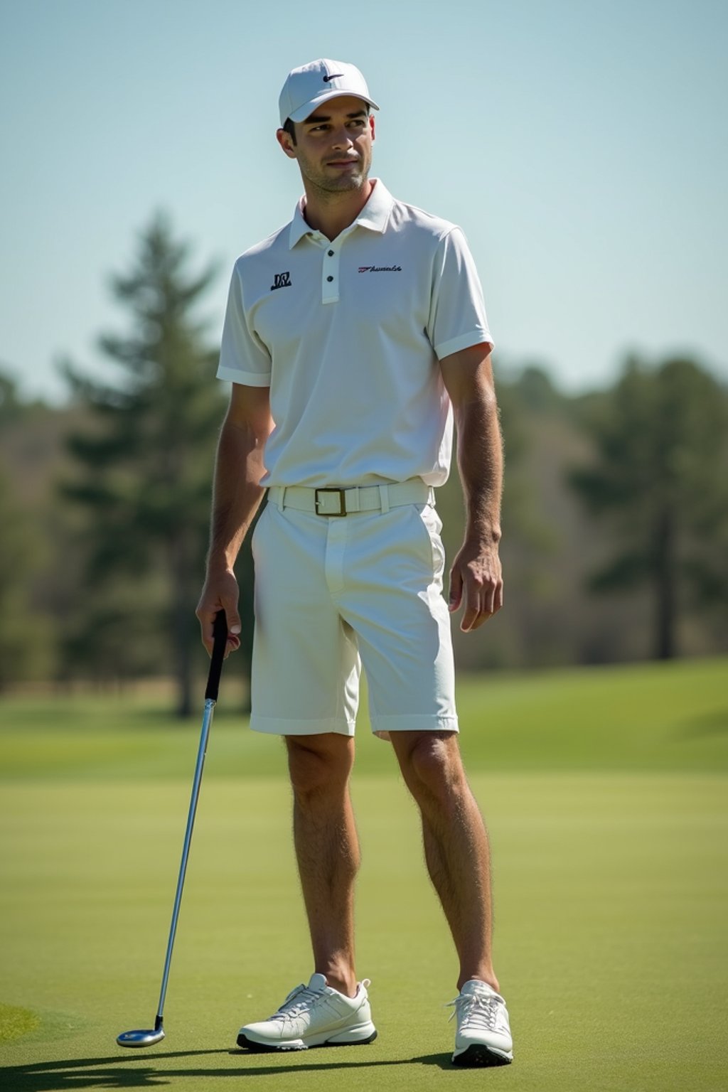 man as a Golfer on the Golf Course holding Golf Club wearing golf shorts or golf skirt, a collared shirt, golf pants