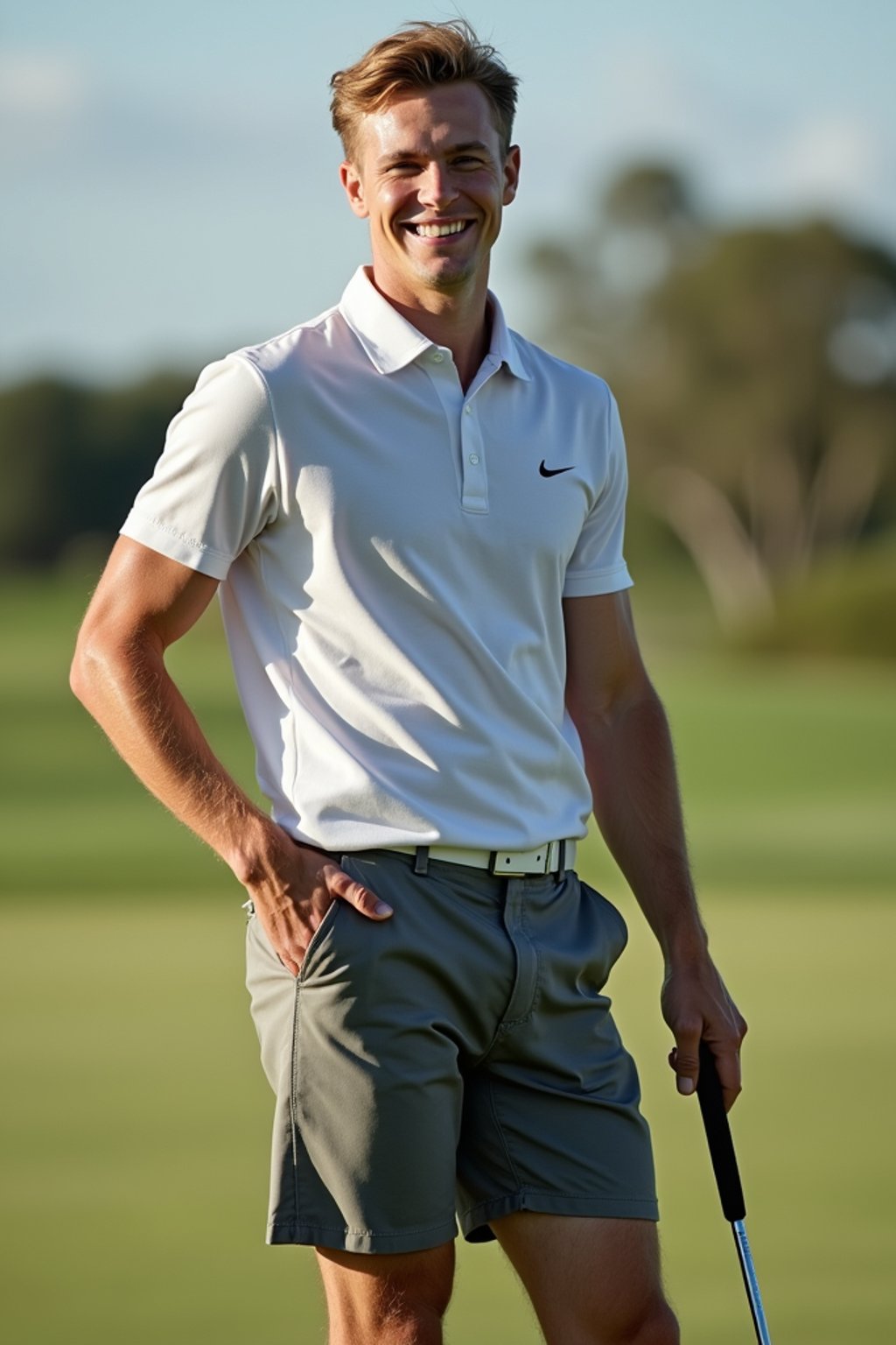 man as a Golfer on the Golf Course holding Golf Club wearing golf shorts or golf skirt, a collared shirt, golf pants