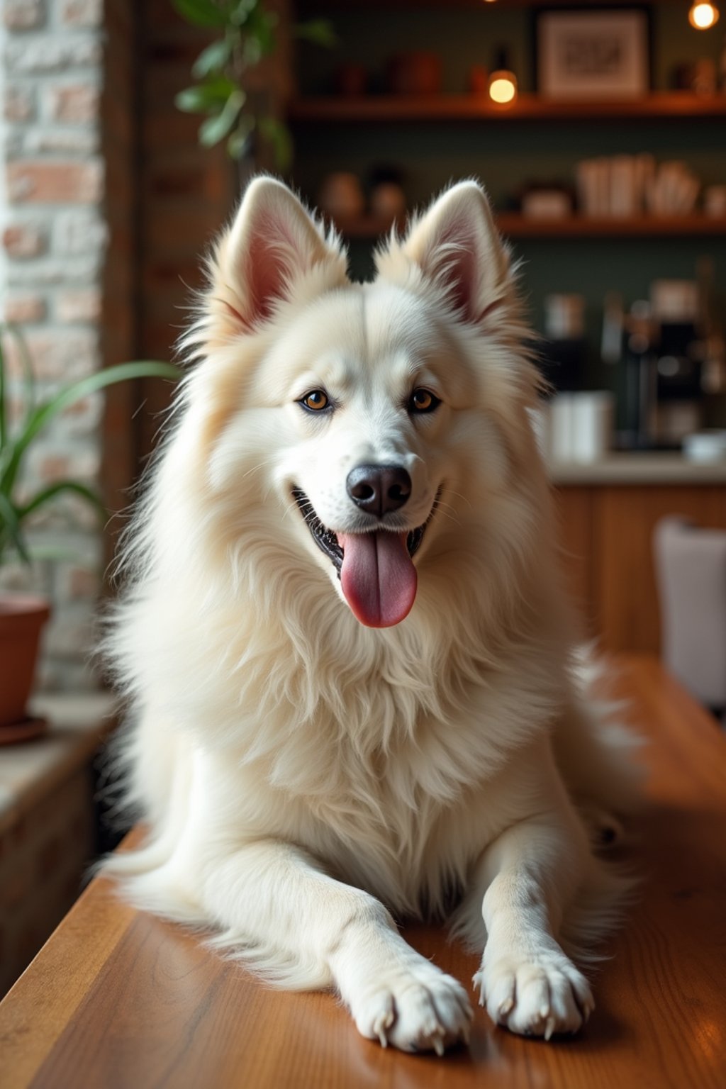 man in a Dog Cafe with many cute Samoyed and Golden Retriever dogs