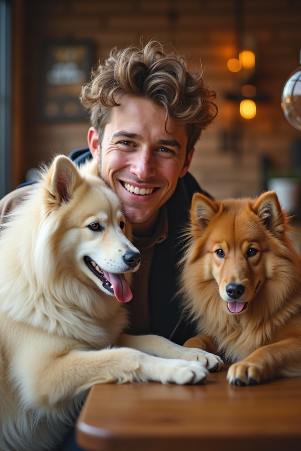 man in a Dog Cafe with many cute Samoyed and Golden Retriever dogs