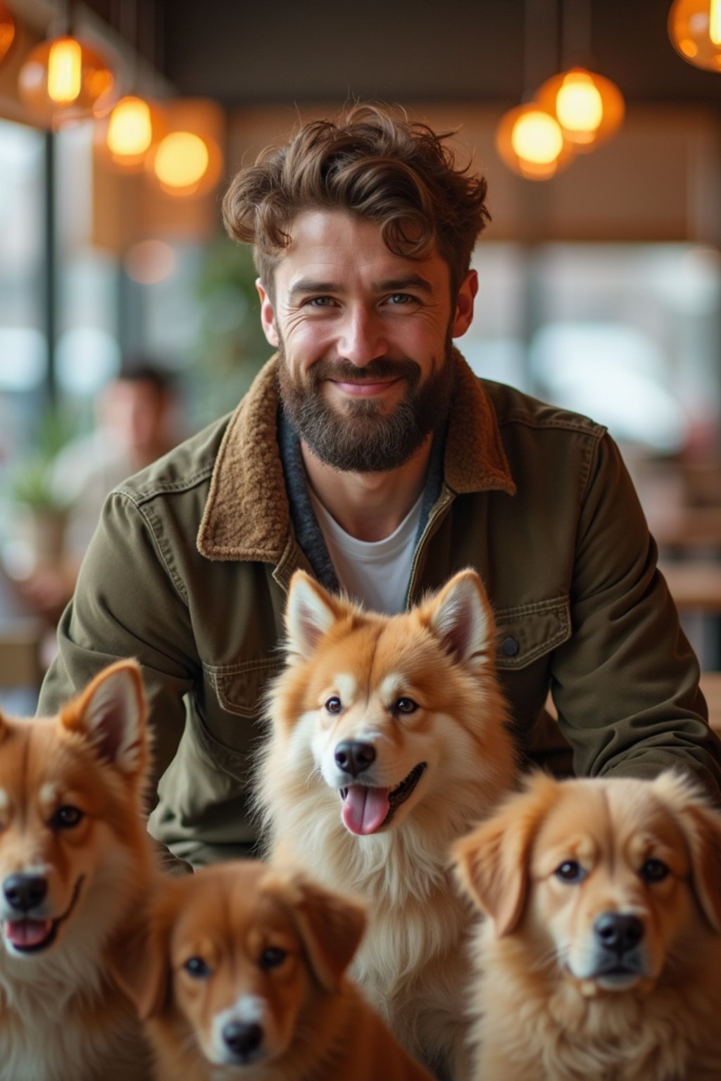 man in a Dog Cafe with many cute Samoyed and Golden Retriever dogs