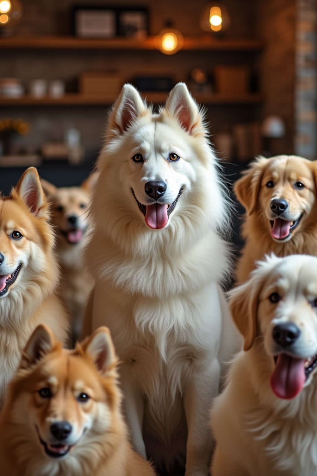 man in a Dog Cafe with many cute Samoyed and Golden Retriever dogs