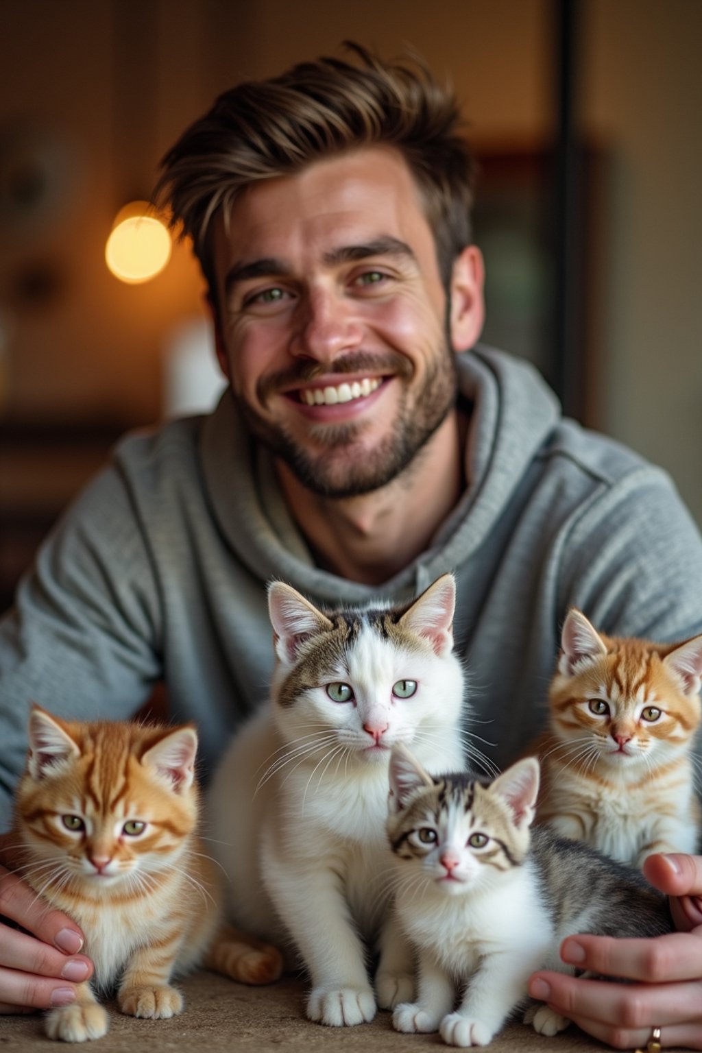 man in a Cat Cafe with many cute Cats and Kittens around them