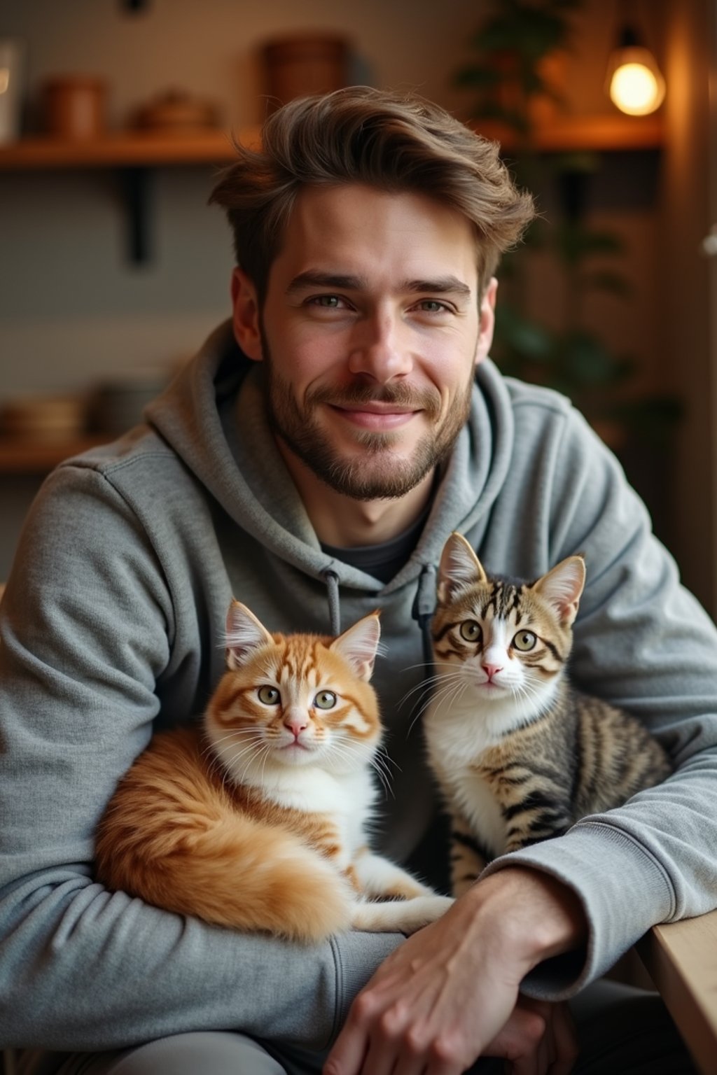 man in a Cat Cafe with many cute Cats and Kittens around them