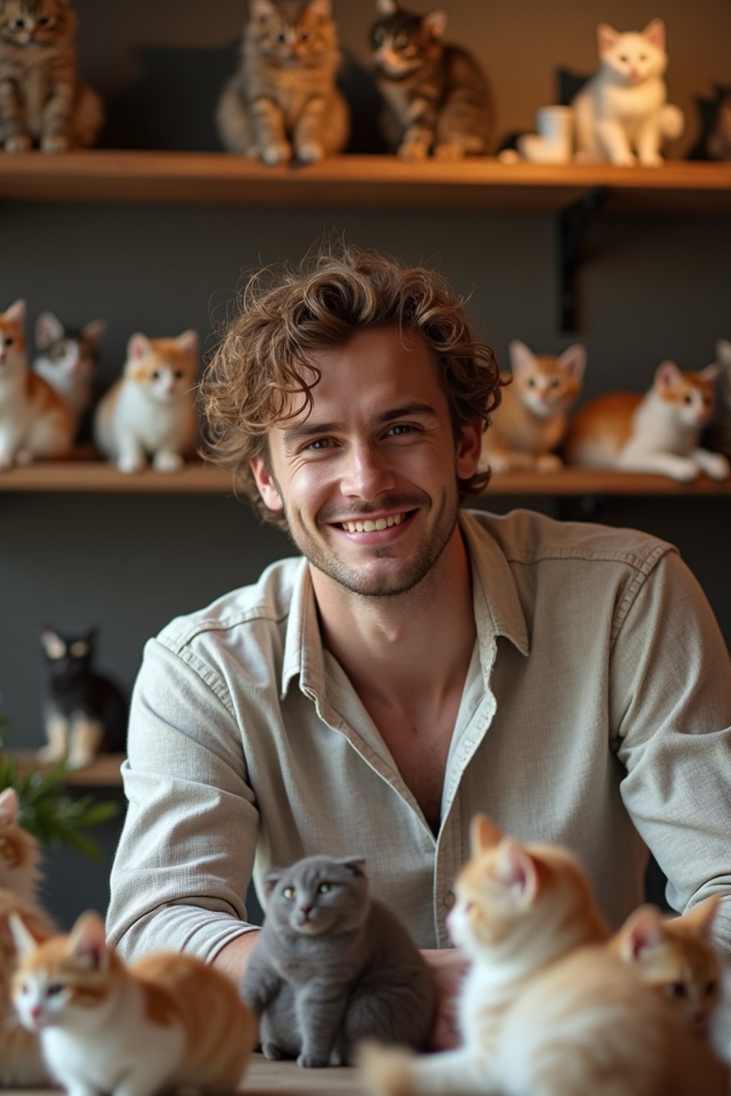 man in a Cat Cafe with many cute Cats and Kittens around them