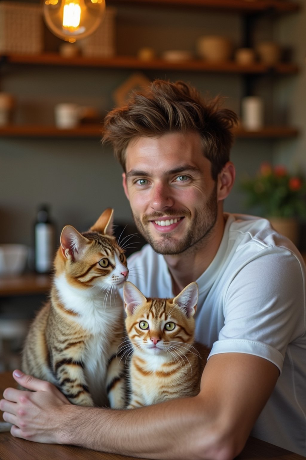 man in a Cat Cafe with many cute Cats and Kittens around them