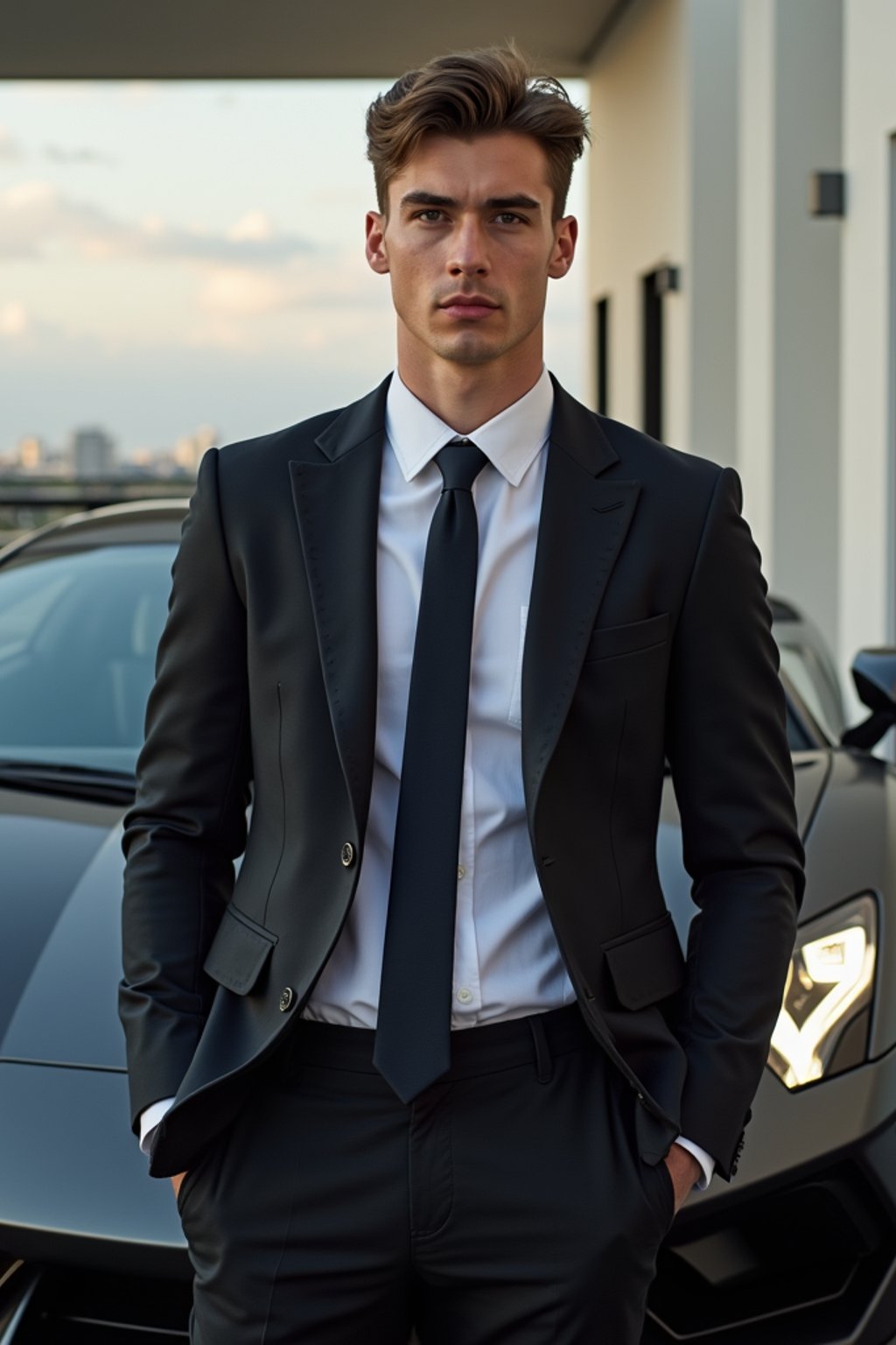 man wearing suit  posing in front of a sports car