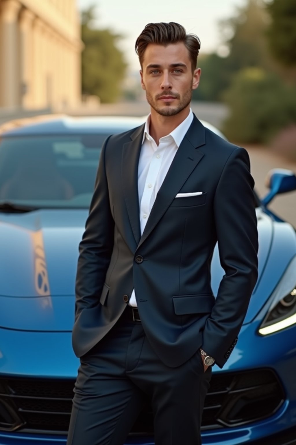 man wearing suit  posing in front of a sports car