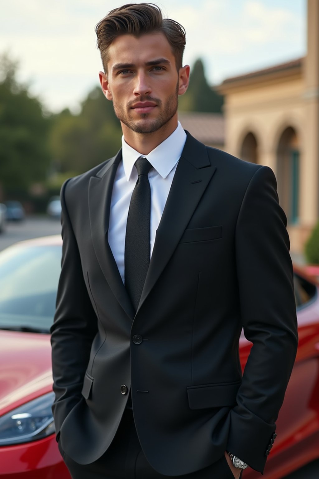 man wearing suit  posing in front of a sports car