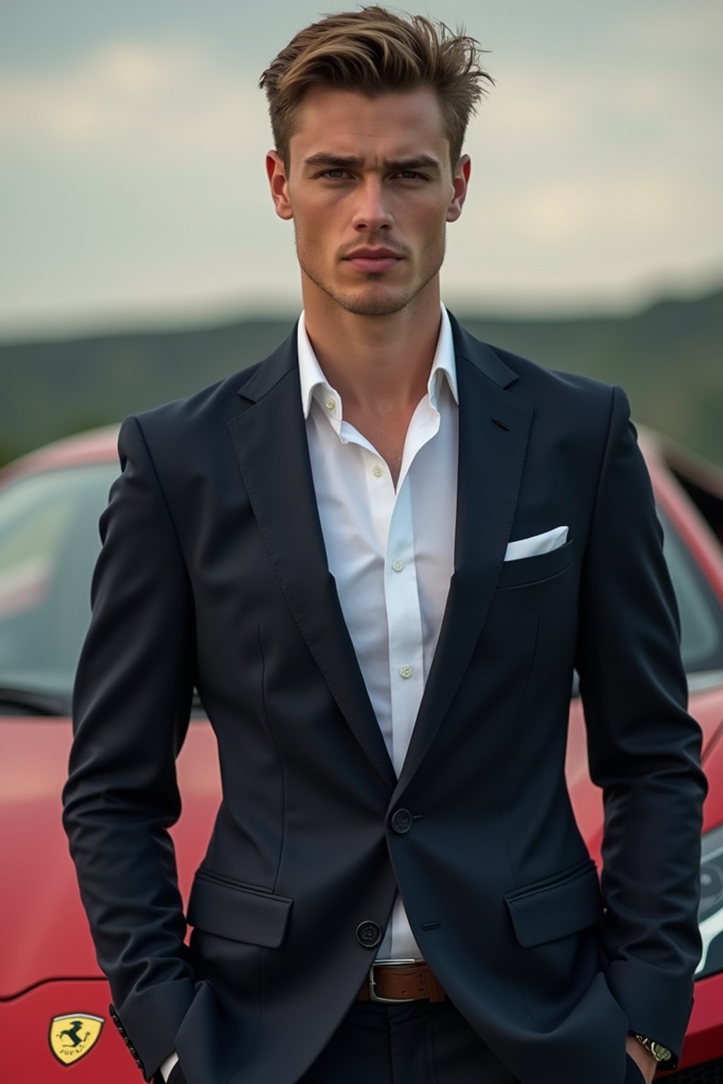 man wearing suit  posing in front of a sports car