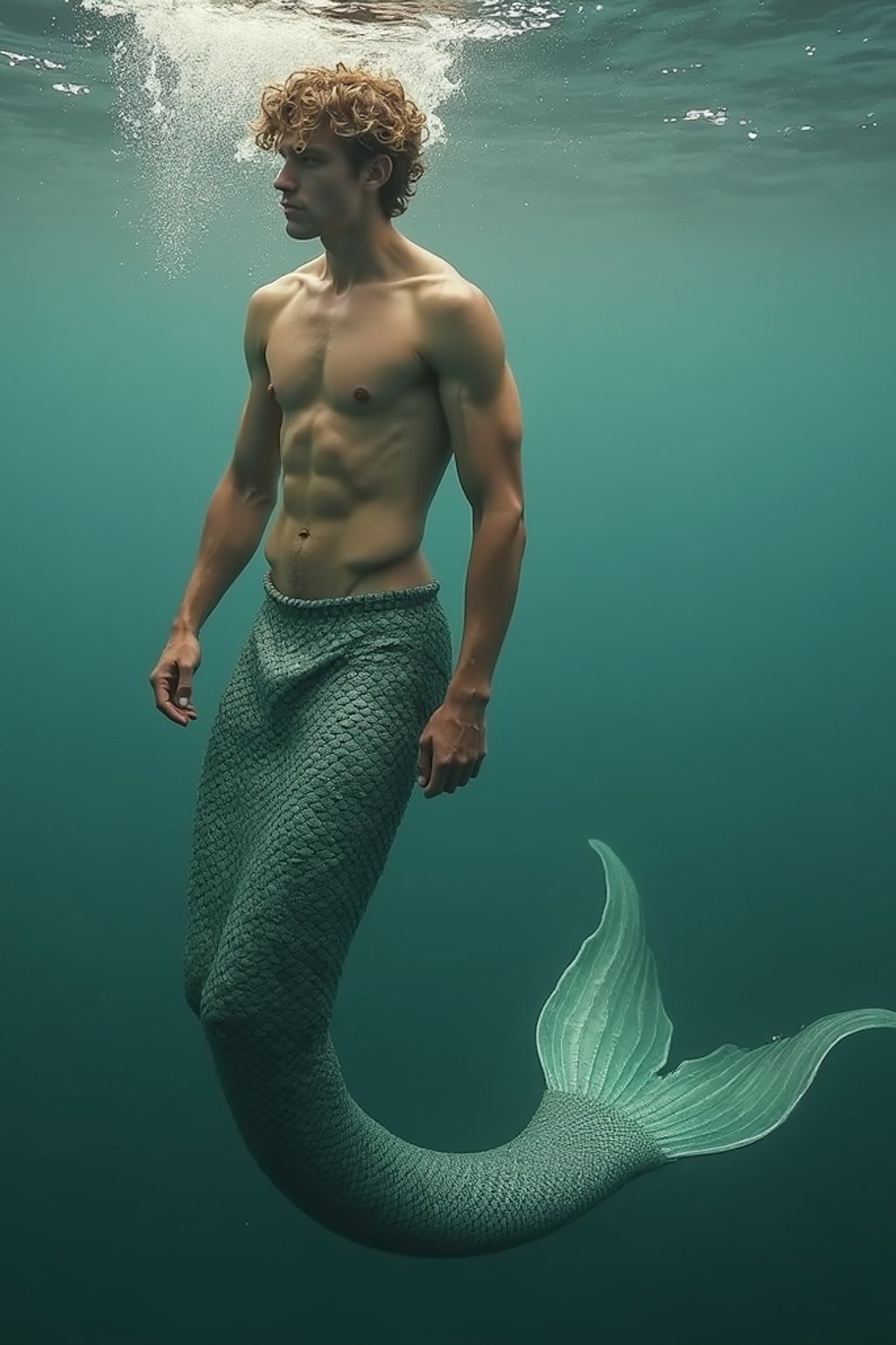 man as a Mermaid the head and upper body of a human and the tail of a fish