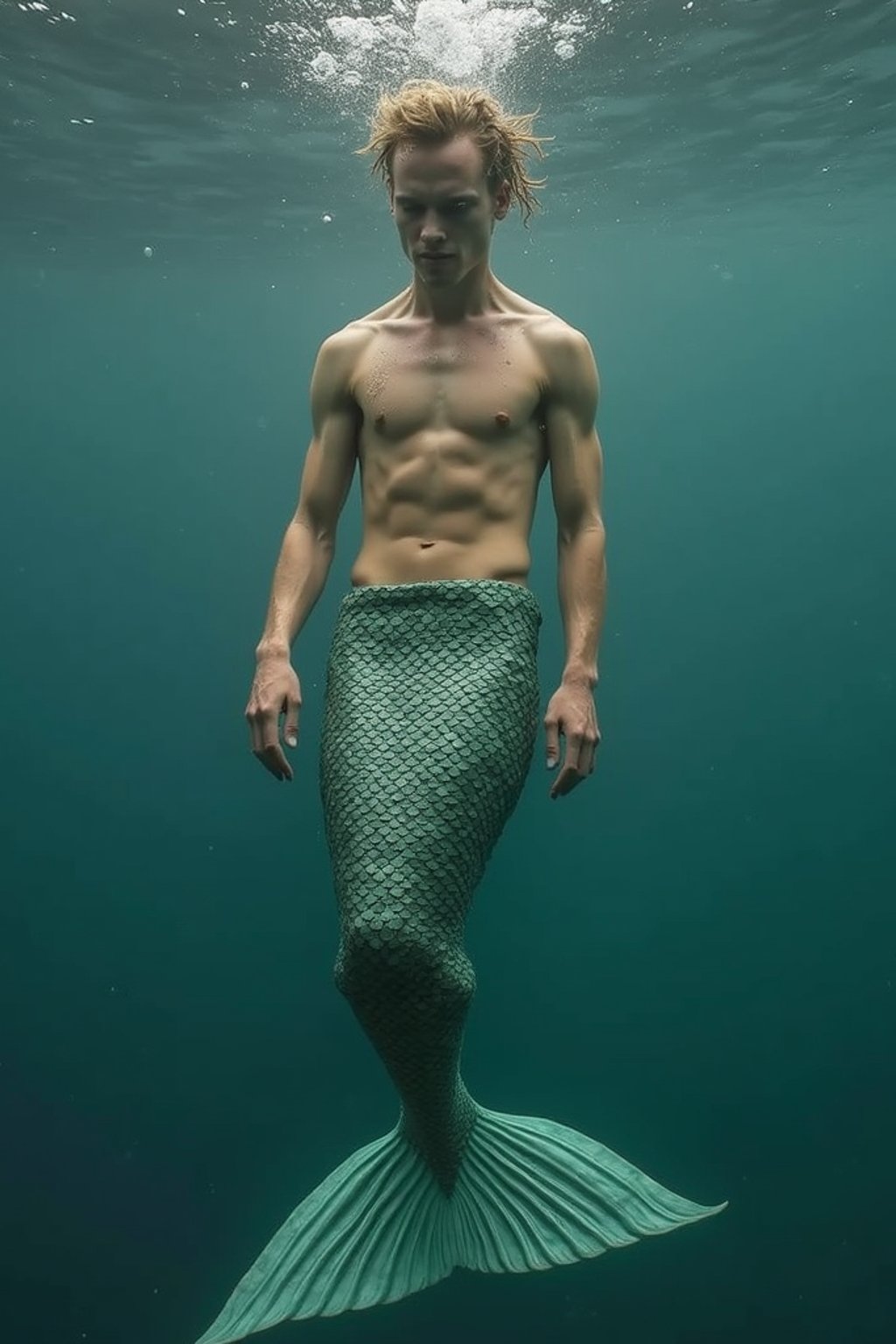 man as a Mermaid the head and upper body of a human and the tail of a fish